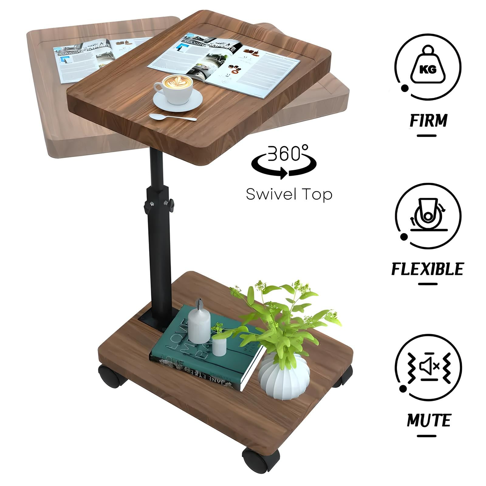 Carro rodante ajustable, mesita de noche, escritorio para ordenador portátil, cama médica para el hogar, bandeja de comida 360 °   Mesa giratoria para sofá y oficina en casa