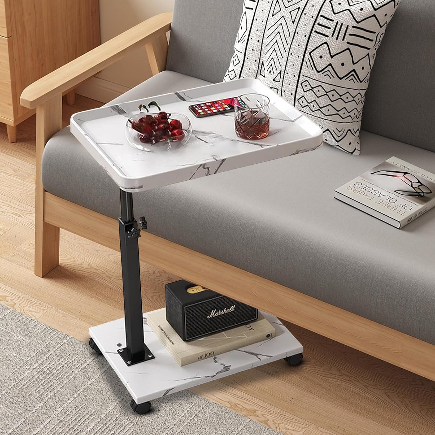 Carro rodante ajustable, mesita de noche, escritorio para ordenador portátil, cama médica para el hogar, bandeja de comida 360 °   Mesa giratoria para sofá y oficina en casa