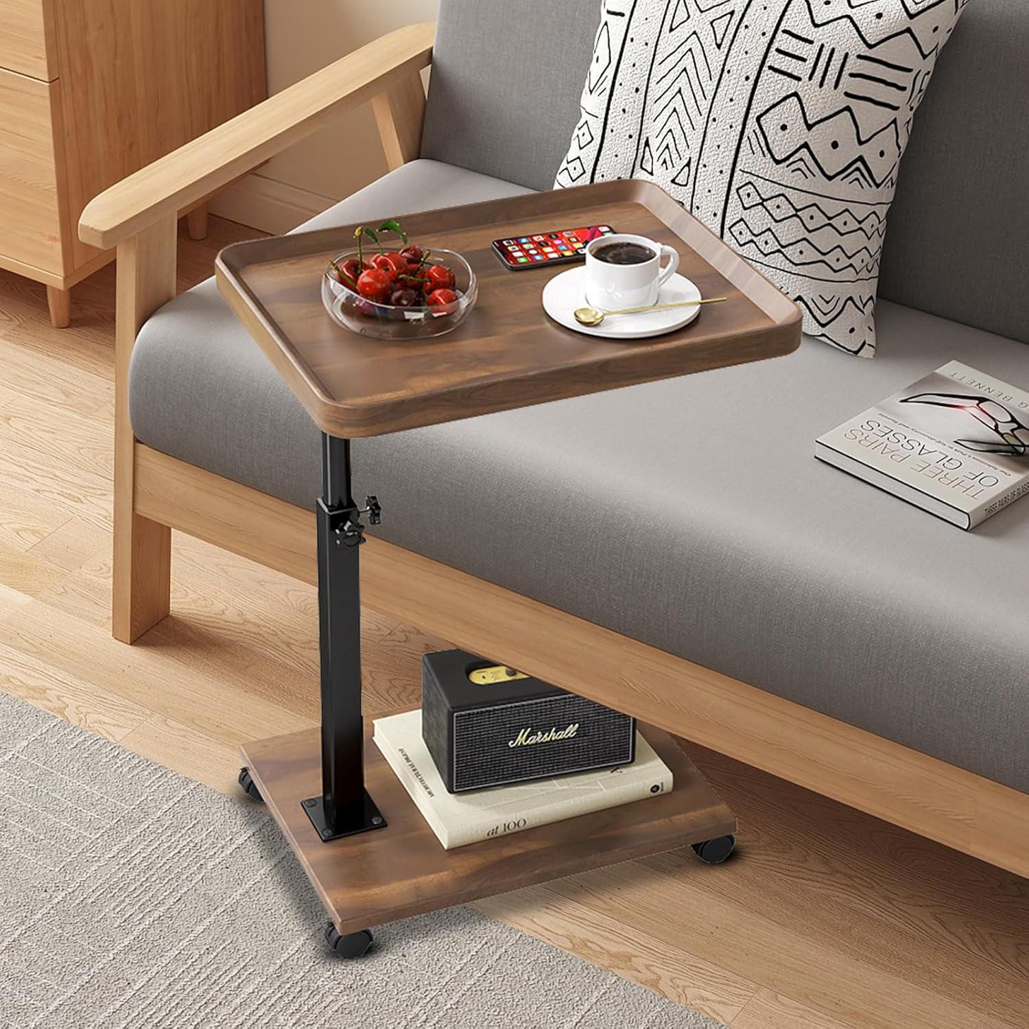 Carro rodante ajustable, mesita de noche, escritorio para ordenador portátil, cama médica para el hogar, bandeja de comida 360 °   Mesa giratoria para sofá y oficina en casa