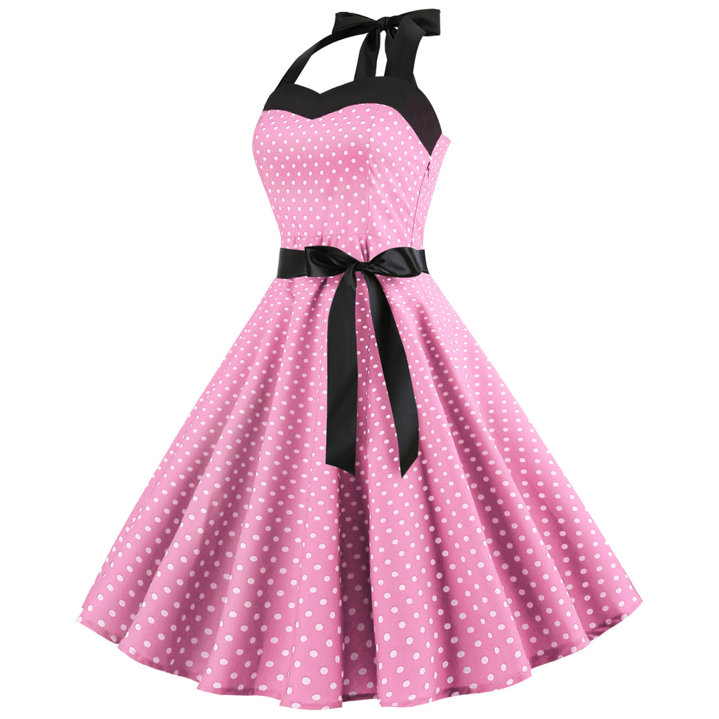 Elegante Vestido de Mujer con Estampado de Puntos, Estilo Hepburn de los Años 50 y 60, Vestido Vintage Sexy con Cuello Halter, Estilo Rockabilly Retro para Fiesta u Oficina, Vestido Pinup 2026