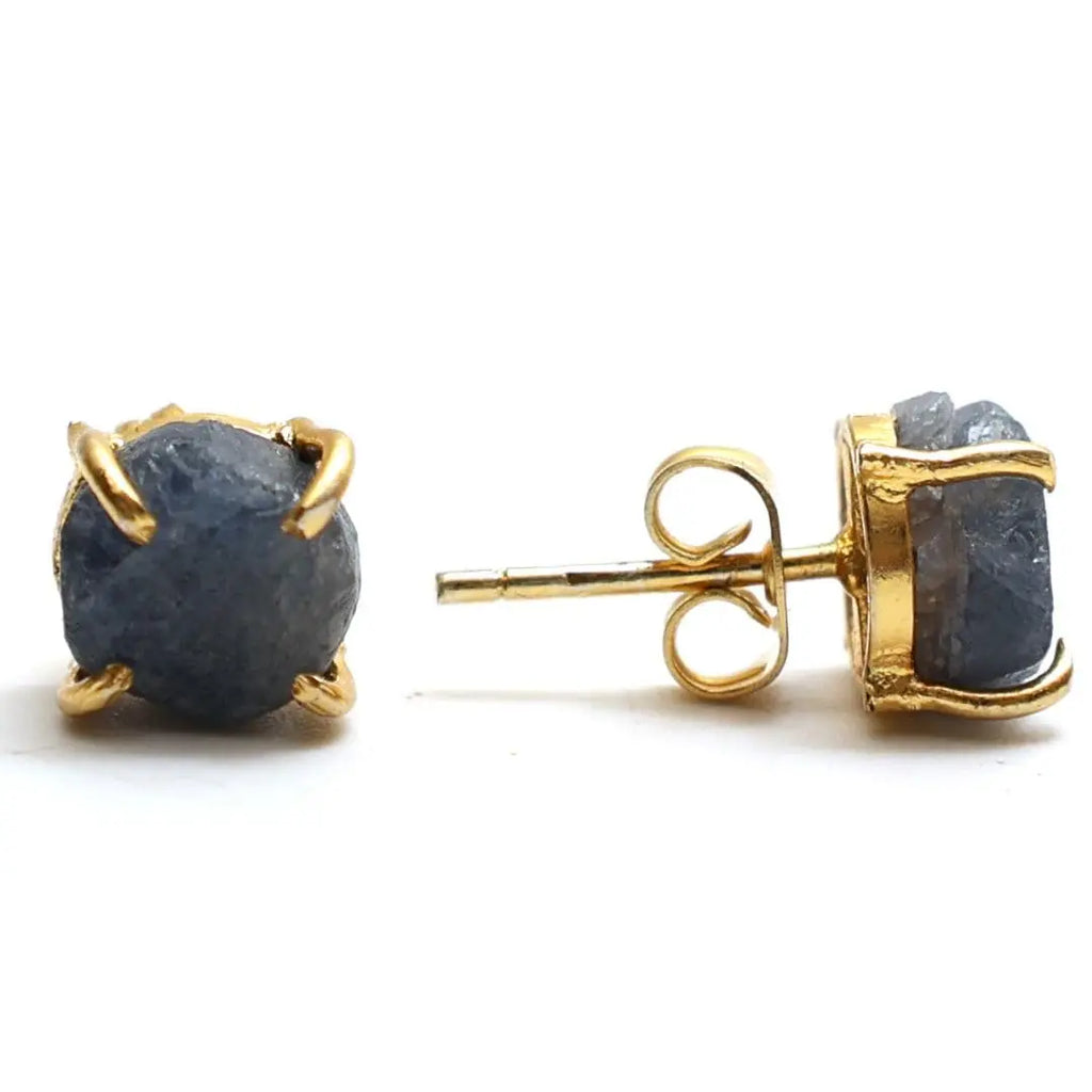 Raw Sapphire Stone Stud Earrings — Gold Plated Handmade Birthstone Jewelry for Women