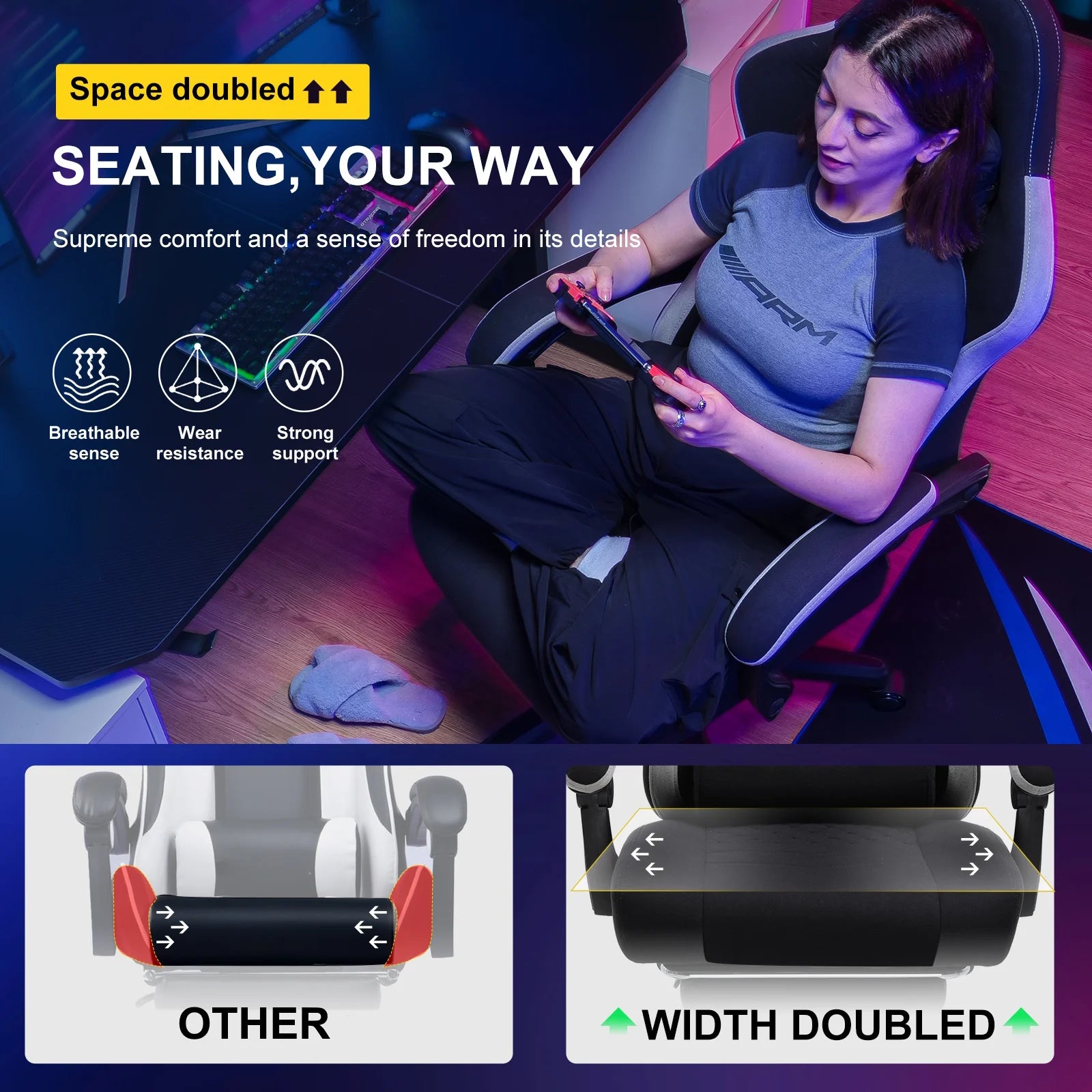 GTPLAYER-Silla de juegos de tela con reposapiés, silla de escritorio de computadora con cojín de resorte de bolsillo, silla ergonómica de oficina en casa