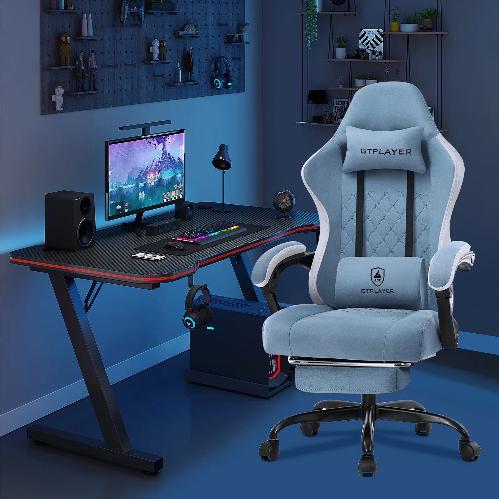 GTPLAYER-Silla de juegos de tela con reposapiés, silla de escritorio de computadora con cojín de resorte de bolsillo, silla ergonómica de oficina en casa
