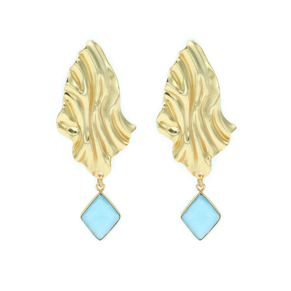 DUA Handmade Blue Chalcedony Diamond Drop Earrings | 18K Gold Plated Brass Women's Jewelry | Trendy Wedding