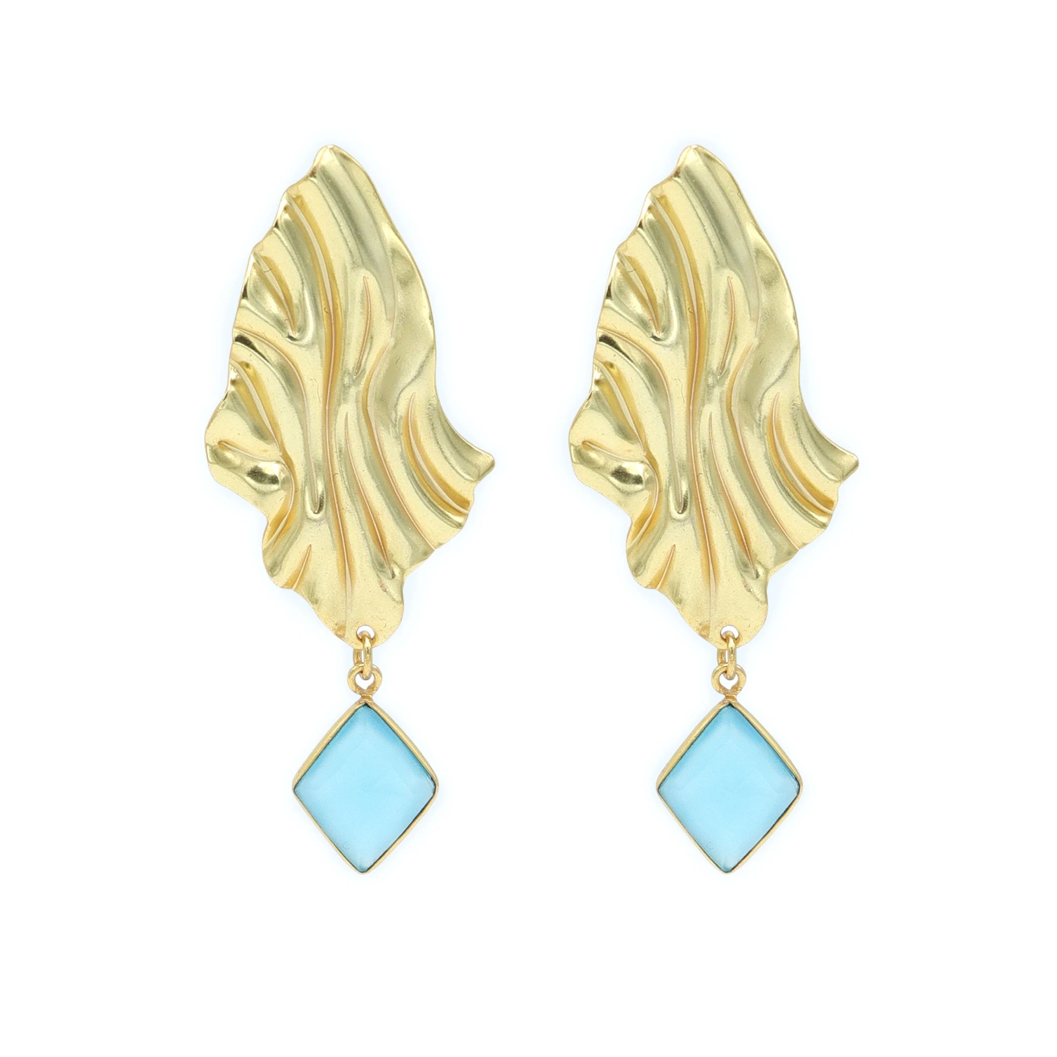 DUA Handmade Blue Chalcedony Diamond Drop Earrings | 18K Gold Plated Brass Women's Jewelry | Trendy Wedding