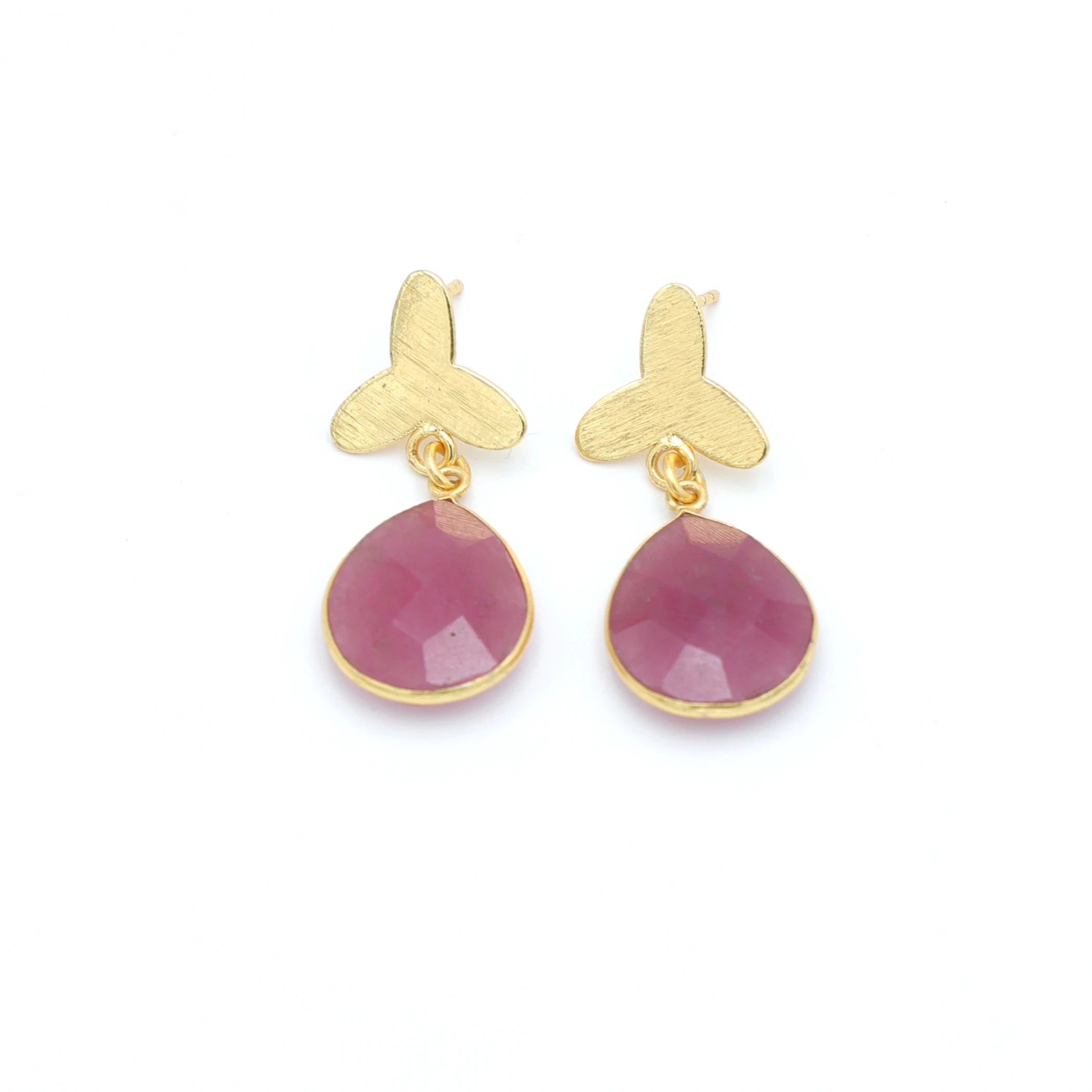 Handmade Dua Pink Jade Flower Pear Drop Earrings 18K Gold Plated Brass Trendy Elegant Natural Gemstone Women's Wedding Jewelry