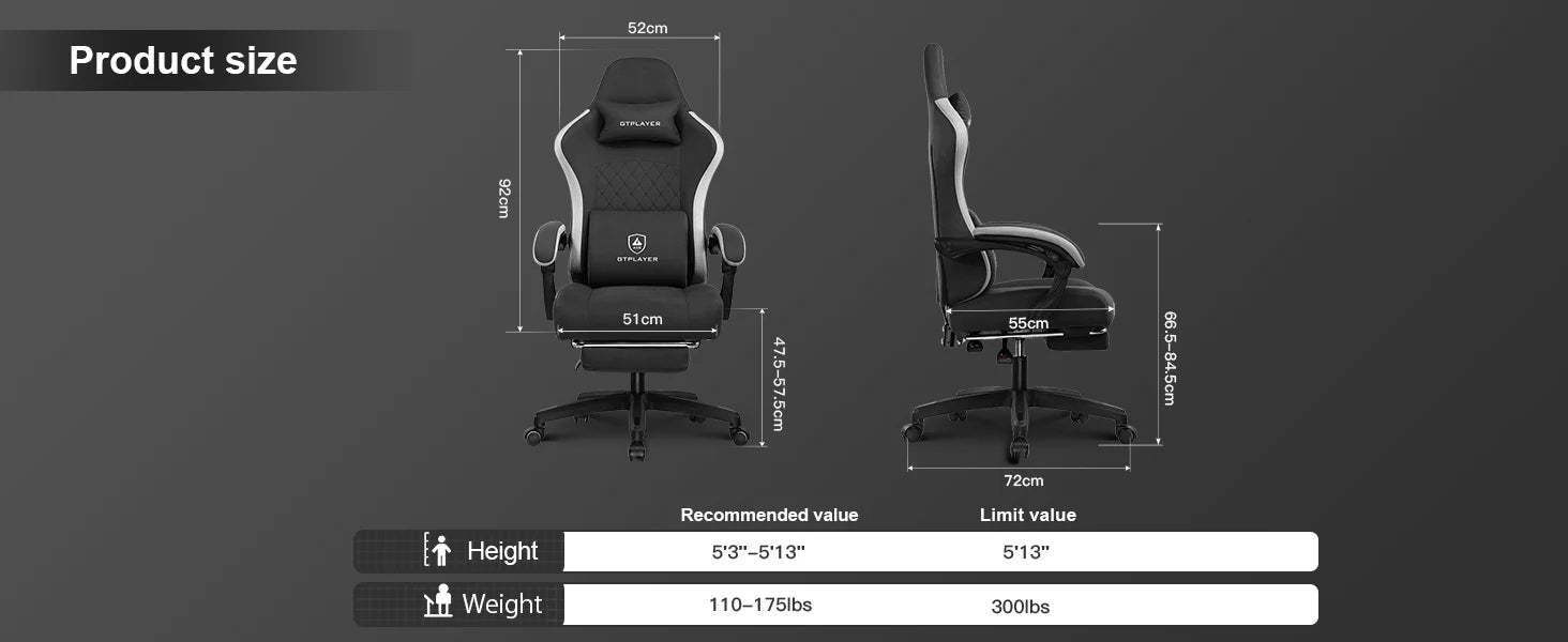 GTPLAYER-Silla de juegos de tela con reposapiés, silla de escritorio de computadora con cojín de resorte de bolsillo, silla ergonómica de oficina en casa