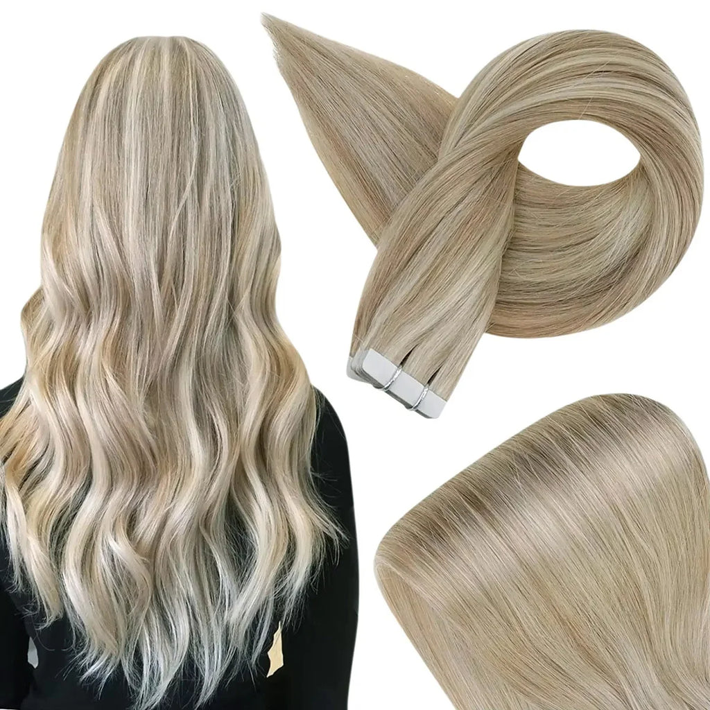 Extensiones de cabello con cinta Invisible, extensiones de cabello Remy Real para mujeres, postizos rectos de color rubio ceniza mezclado rubio platino