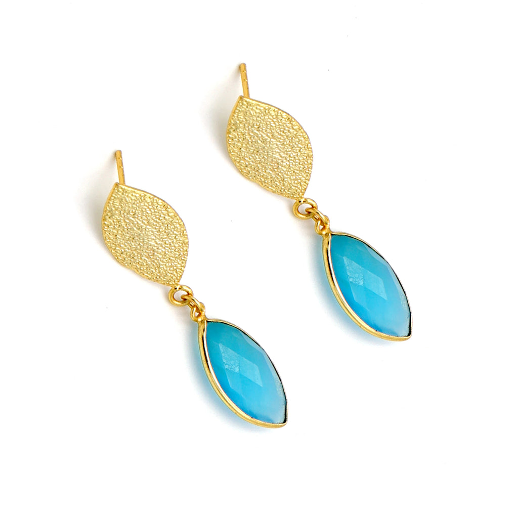 Blue Chalcedony Marquise Drop Earrings — 18K Gold Plated Handmade Brass Women's Jewelry by DUA