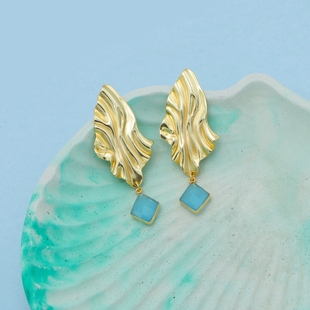 DUA Handmade Blue Chalcedony Diamond Drop Earrings | 18K Gold Plated Brass Women's Jewelry | Trendy Wedding