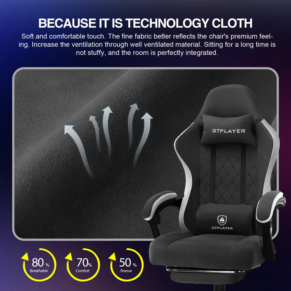 GTPLAYER-Silla de juegos de tela con reposapiés, silla de escritorio de computadora con cojín de resorte de bolsillo, silla ergonómica de oficina en casa