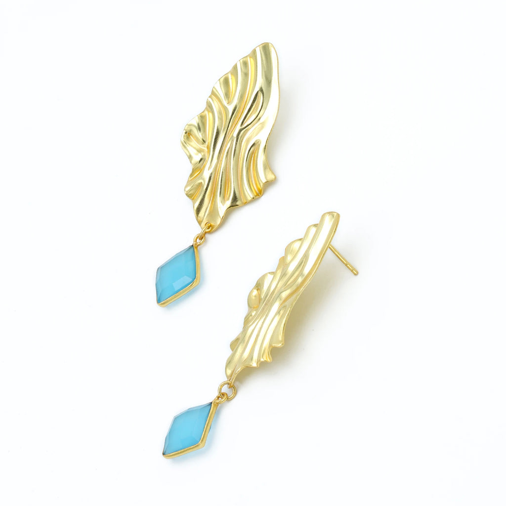 DUA Handmade Blue Chalcedony Diamond Drop Earrings | 18K Gold Plated Brass Women's Jewelry | Trendy Wedding
