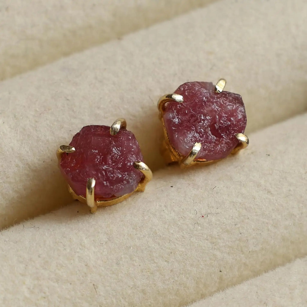 Raw Pink Tourmaline Stud Earrings — Gold Plated Handmade Birthstone Jewelry for Women