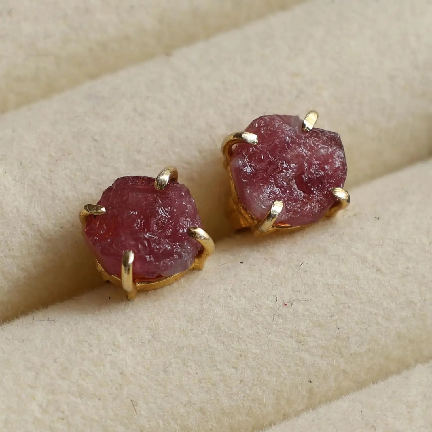 Raw Pink Tourmaline Stud Earrings — Gold Plated Handmade Birthstone Jewelry for Women