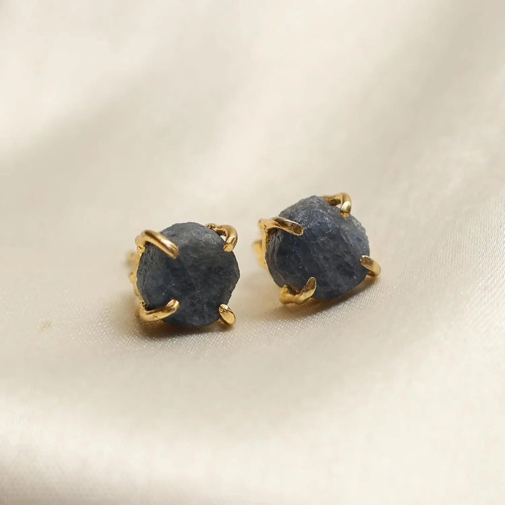 Raw Sapphire Stone Stud Earrings — Gold Plated Handmade Birthstone Jewelry for Women