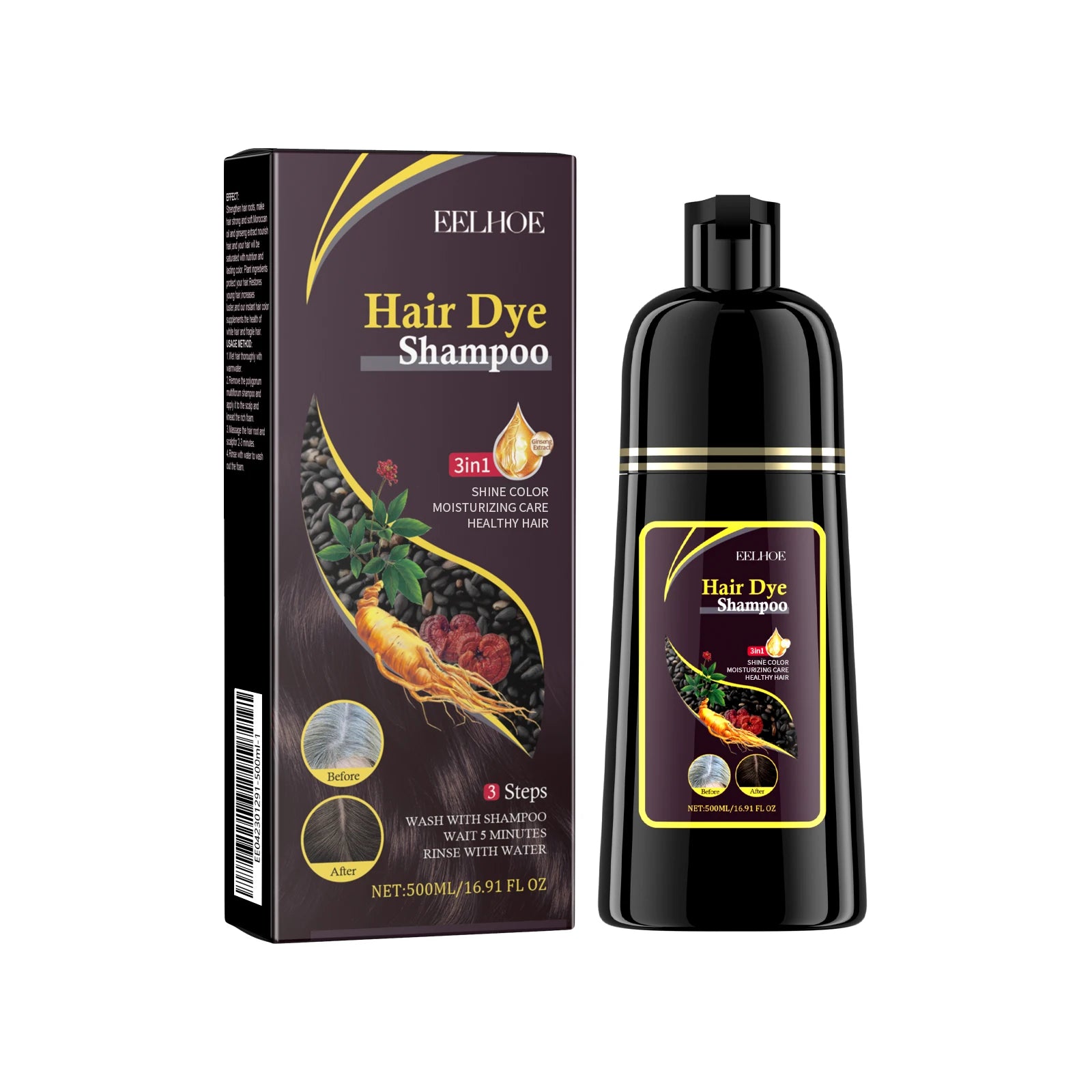 Champú para el cabello negro Eelhoe de 500ml, reparación de cabello seco y dañado, limpieza, nutre Polygonum Multiflorum Thunb, tinte para el cabello rápido a base de hierbas naturales