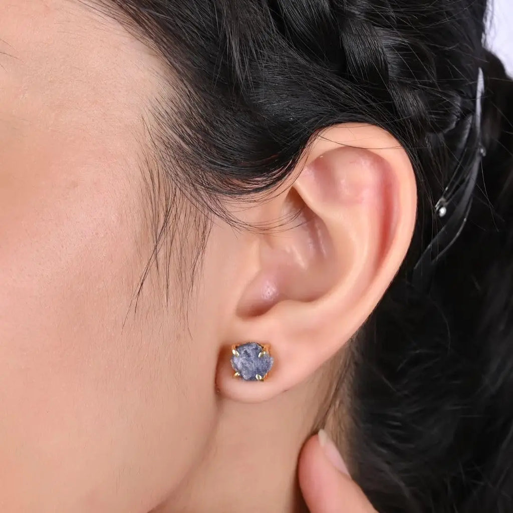 Raw Sapphire Stone Stud Earrings — Gold Plated Handmade Birthstone Jewelry for Women