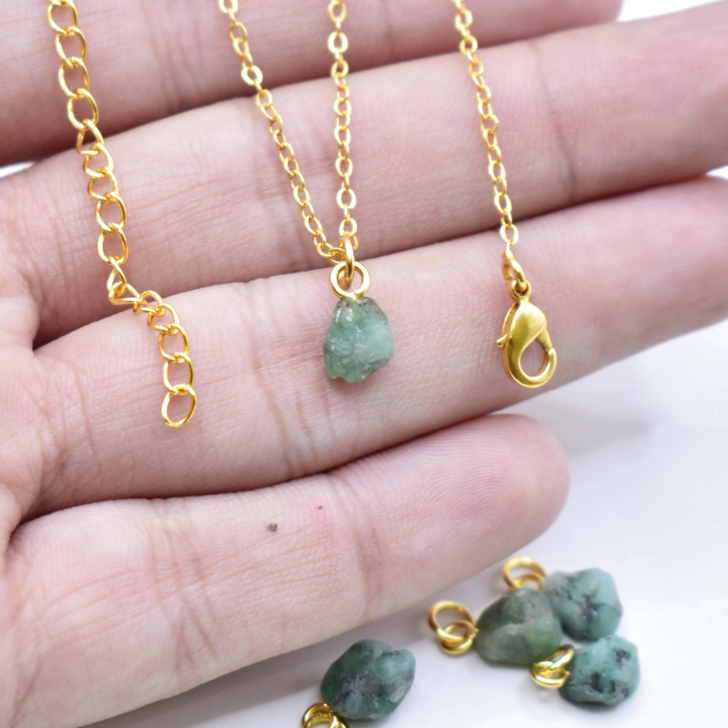 Emerald Pendant Necklace — Raw Drilled Gemstone Gold Loop Necklace for Women