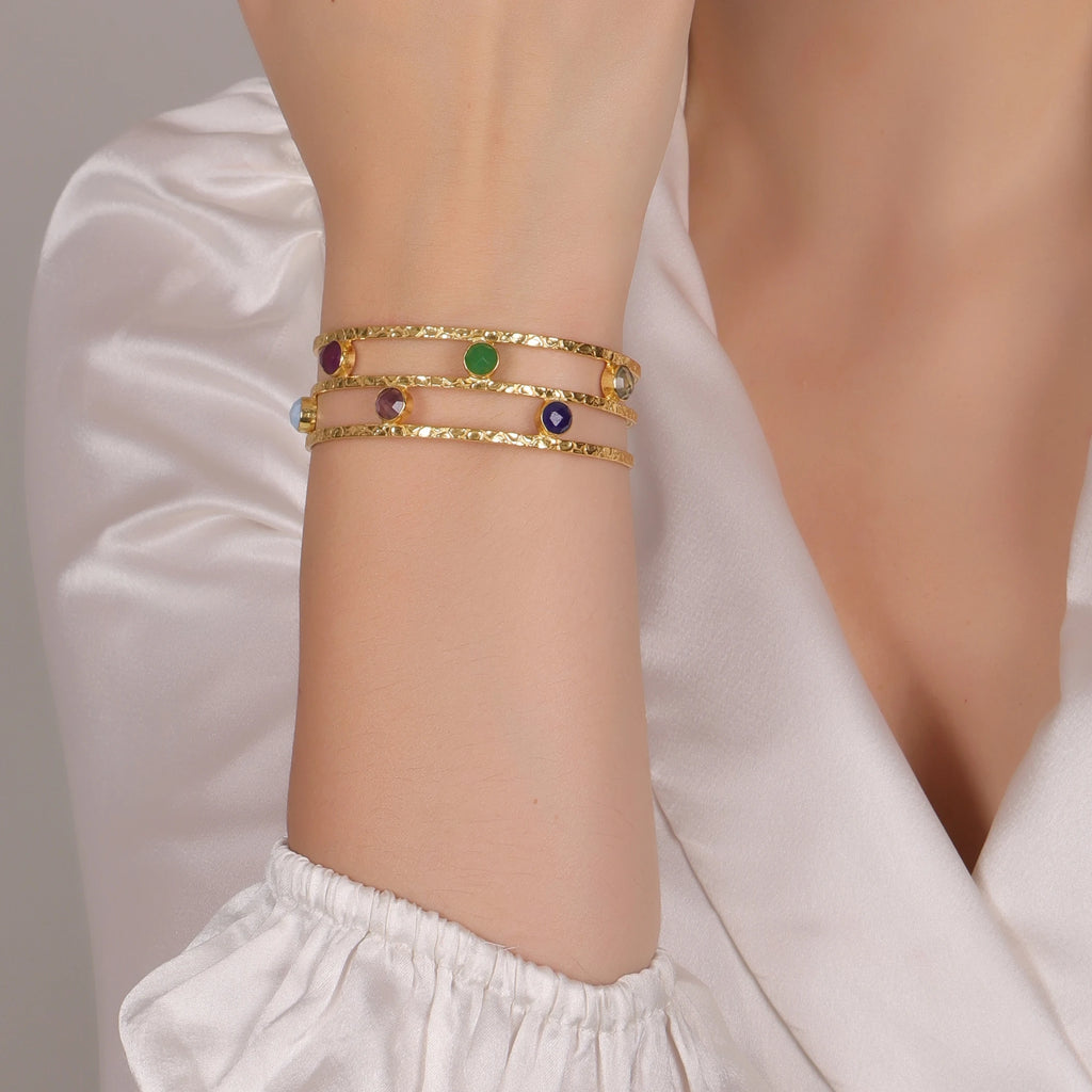 Multicolor Jade 18K Gold Plated Adjustable Cuff Bracelet | Handmade Brass Jewelry Women | Wedding Statement