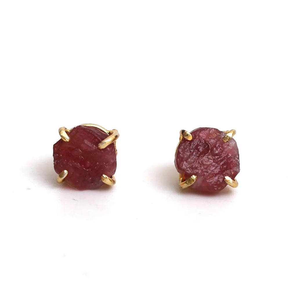 Raw Pink Tourmaline Stud Earrings — Gold Plated Handmade Birthstone Jewelry for Women