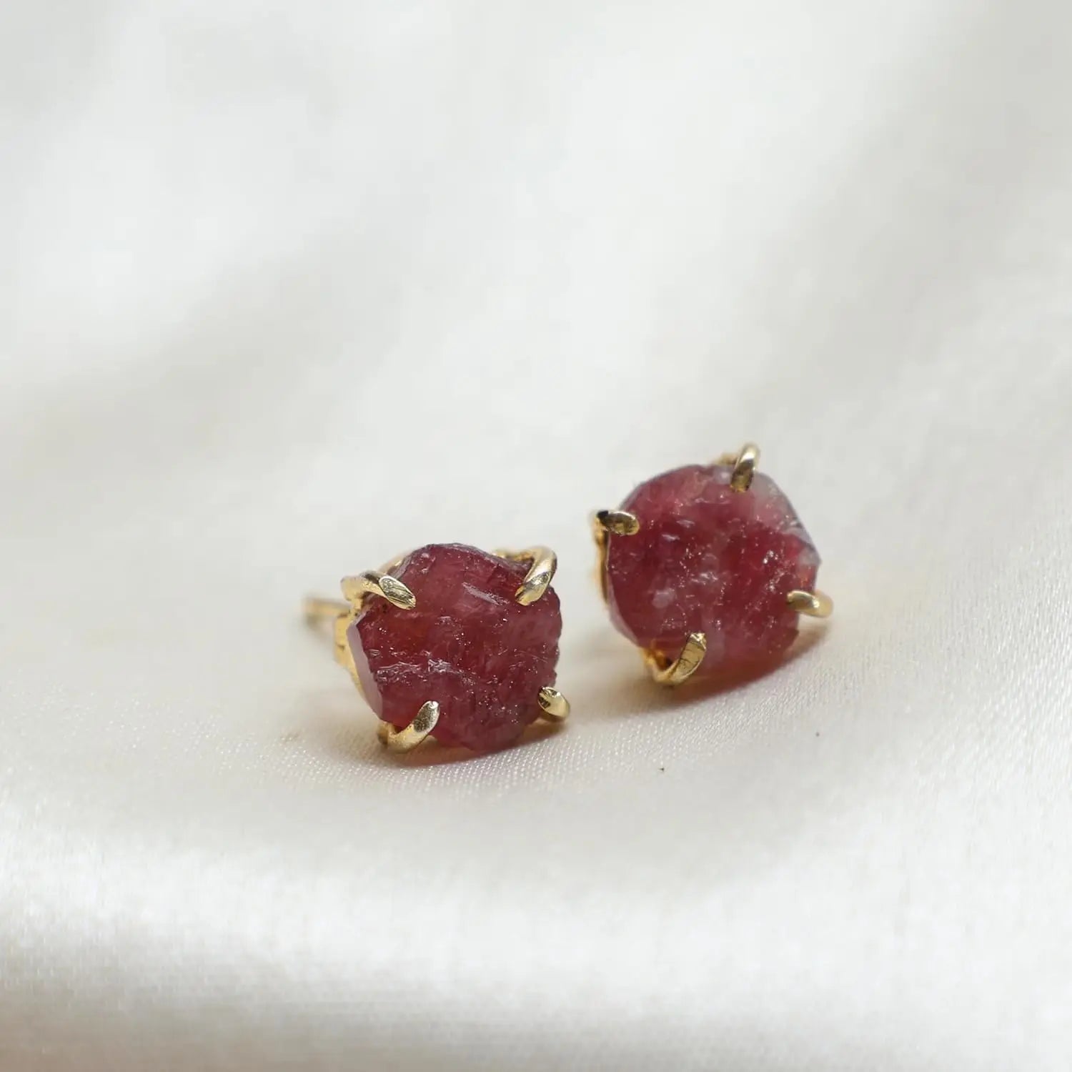 Raw Pink Tourmaline Stud Earrings — Gold Plated Handmade Birthstone Jewelry for Women