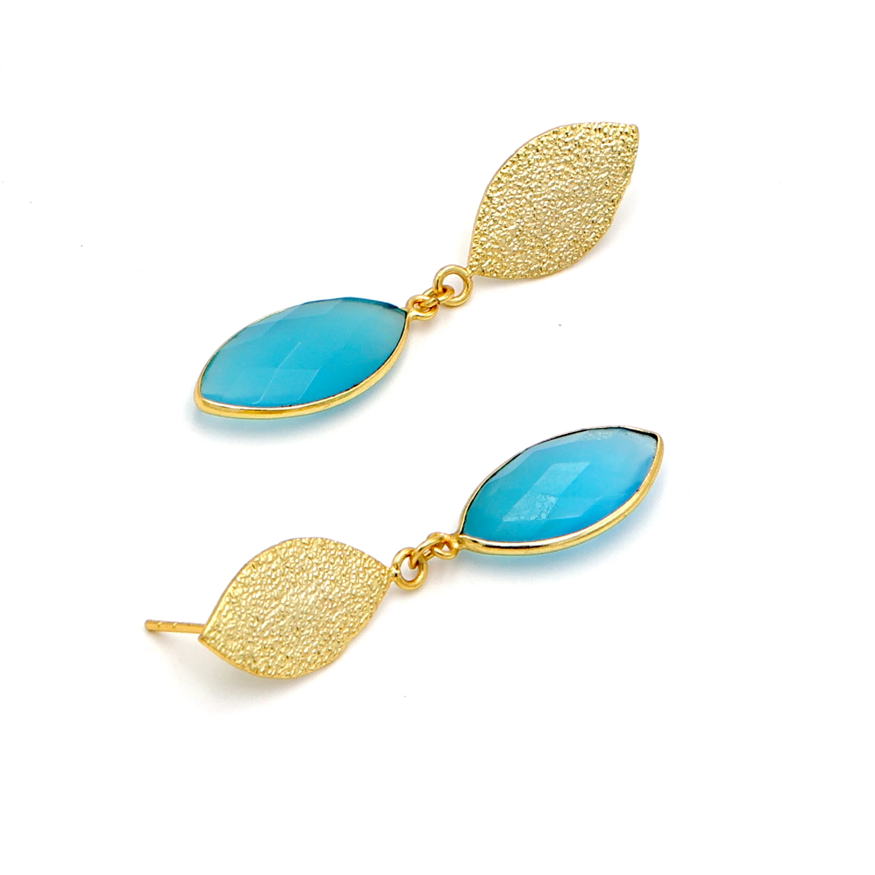 Blue Chalcedony Marquise Drop Earrings — 18K Gold Plated Handmade Brass Women's Jewelry by DUA
