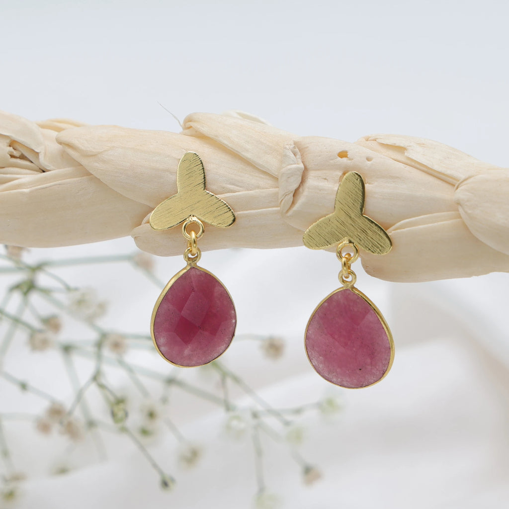 Handmade Dua Pink Jade Flower Pear Drop Earrings 18K Gold Plated Brass Trendy Elegant Natural Gemstone Women's Wedding Jewelry