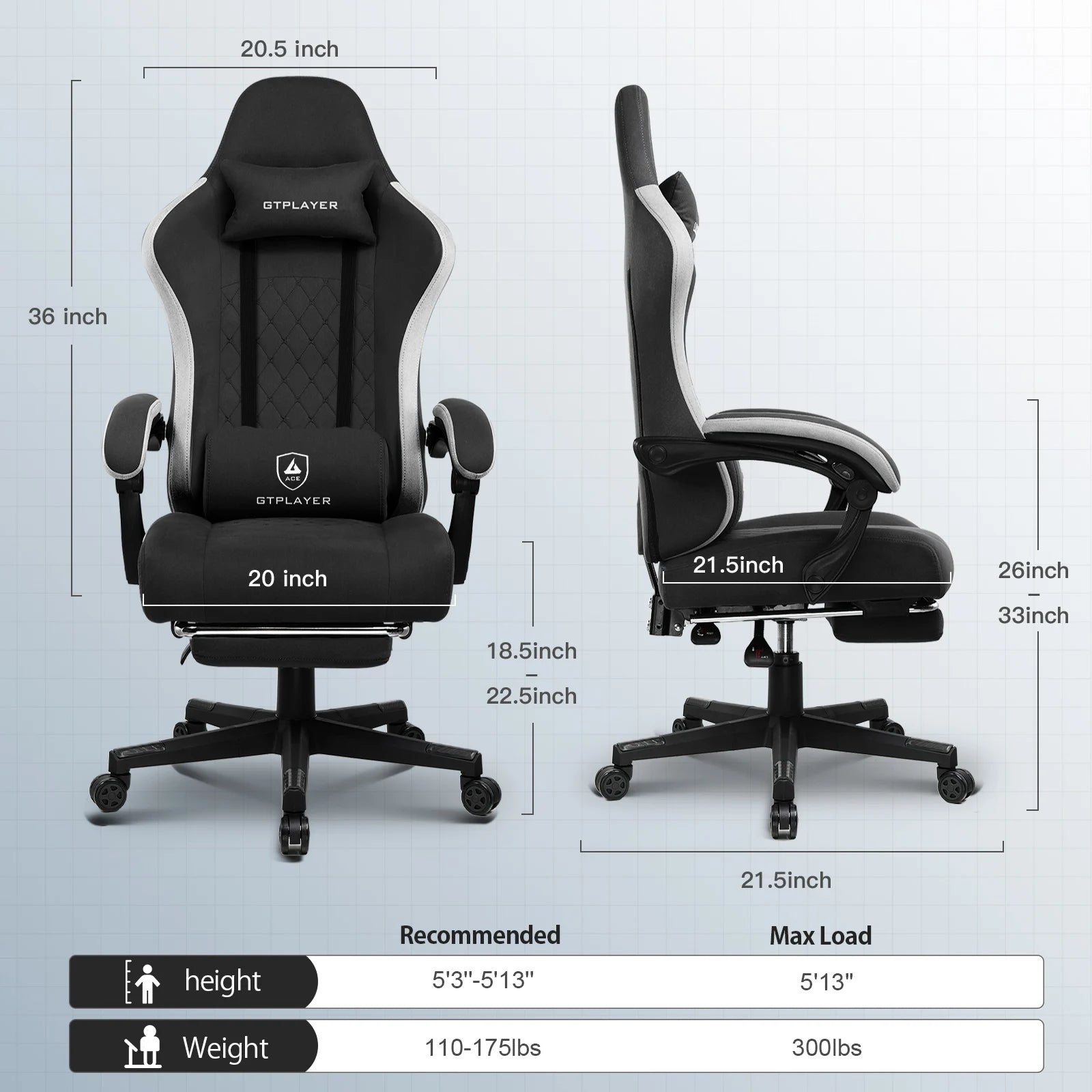 GTPLAYER-Silla de juegos de tela con reposapiés, silla de escritorio de computadora con cojín de resorte de bolsillo, silla ergonómica de oficina en casa