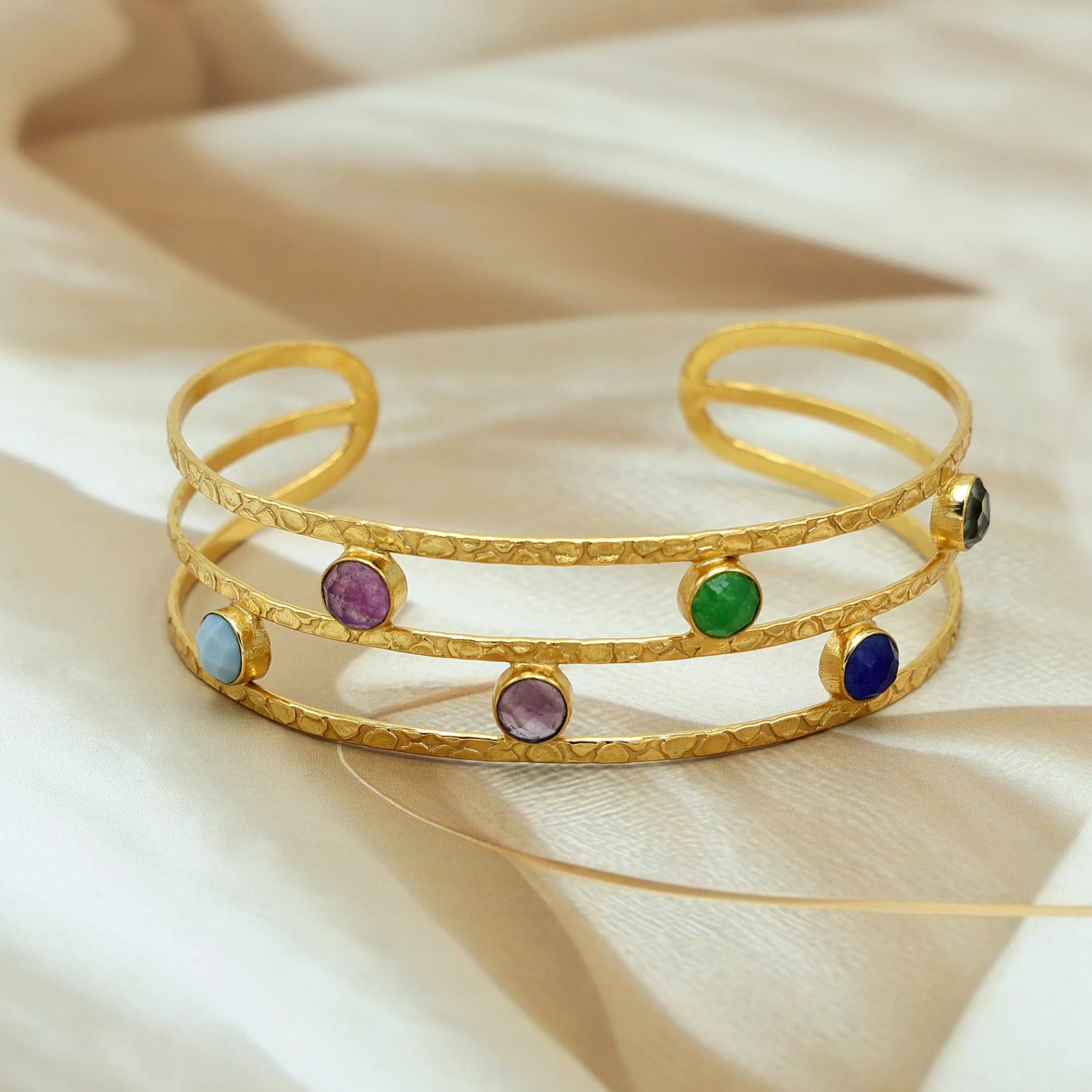 Multicolor Jade 18K Gold Plated Adjustable Cuff Bracelet | Handmade Brass Jewelry Women | Wedding Statement