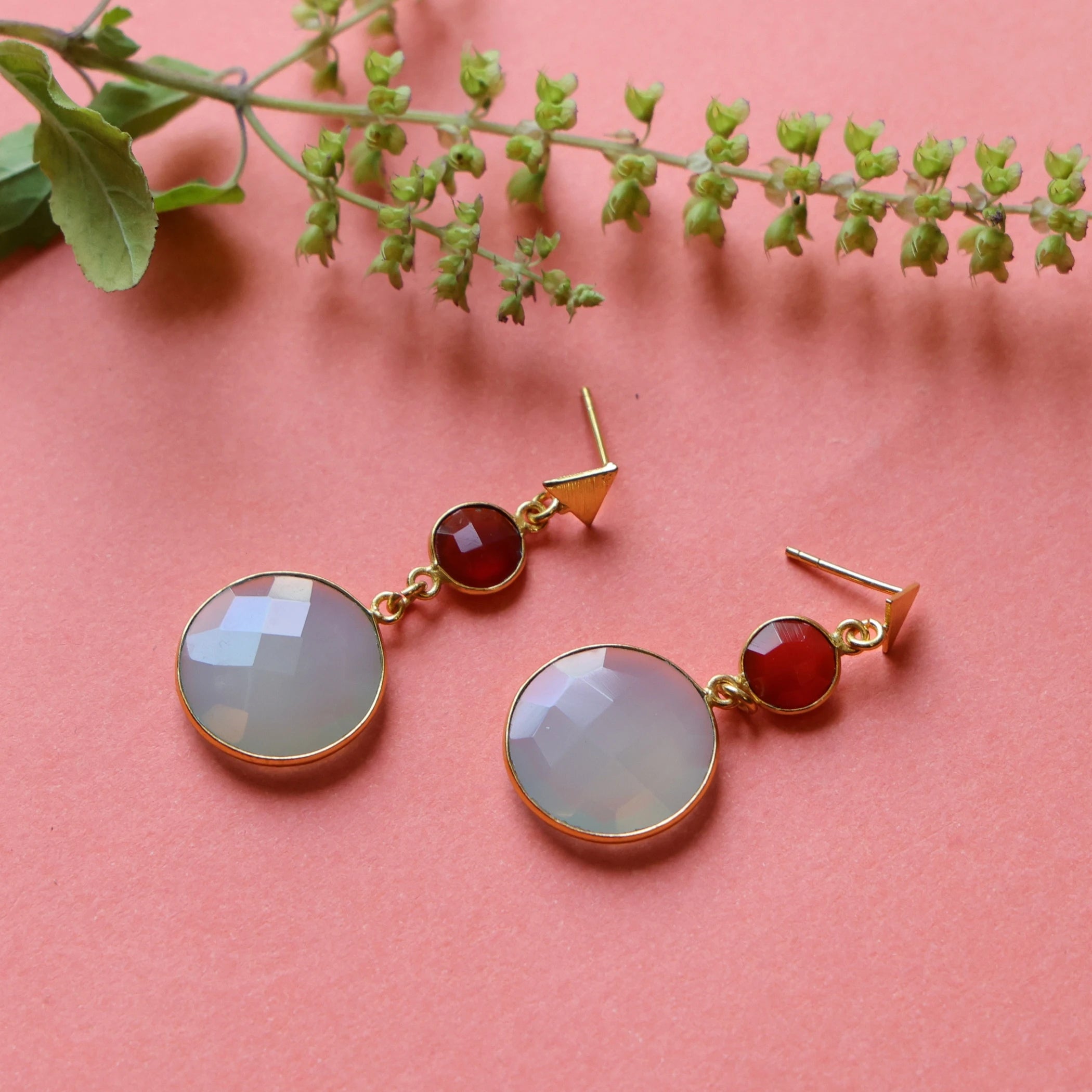 Handcrafted 18K Gold Plated Brass Carnelian Blue Chalcedony Drop Earrings | Trendy Women's Wedding Jewelry | DUA Brand Jaipur