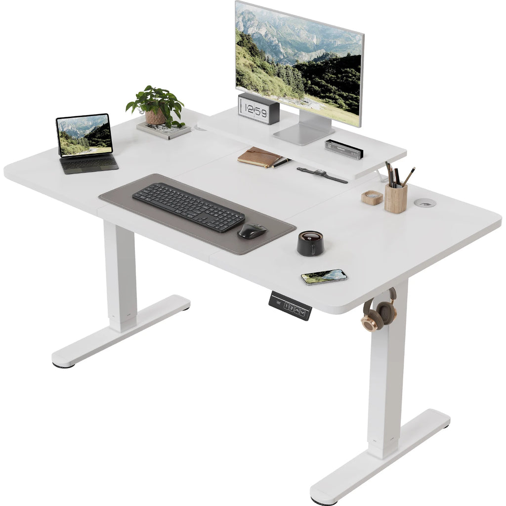 Devoko Escritorio eléctrico de altura ajustable 120 × 60 cm con soporte para monitor Asiento ergonómico Escritorio de pie (blanco)