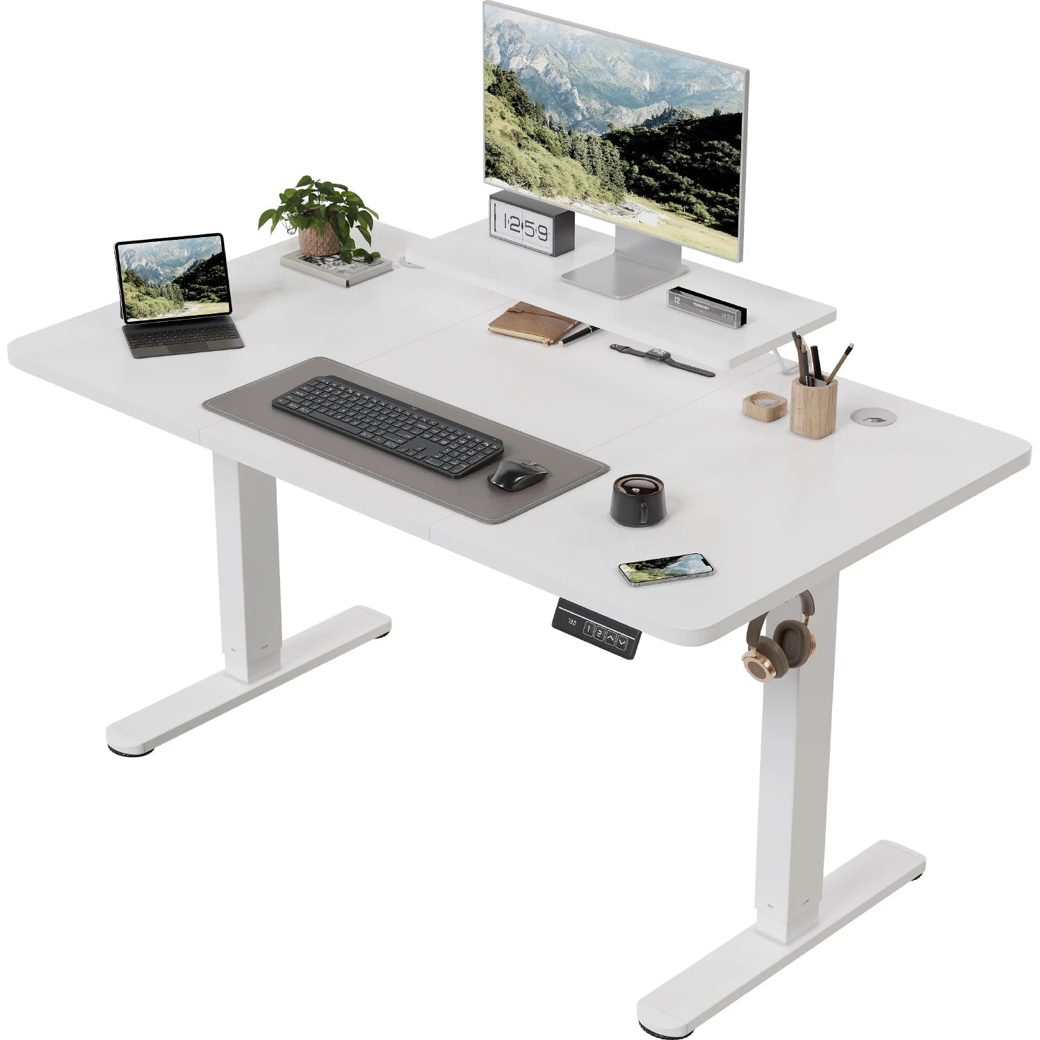 Devoko Escritorio eléctrico de altura ajustable 120 × 60 cm con soporte para monitor Asiento ergonómico Escritorio de pie (blanco)
