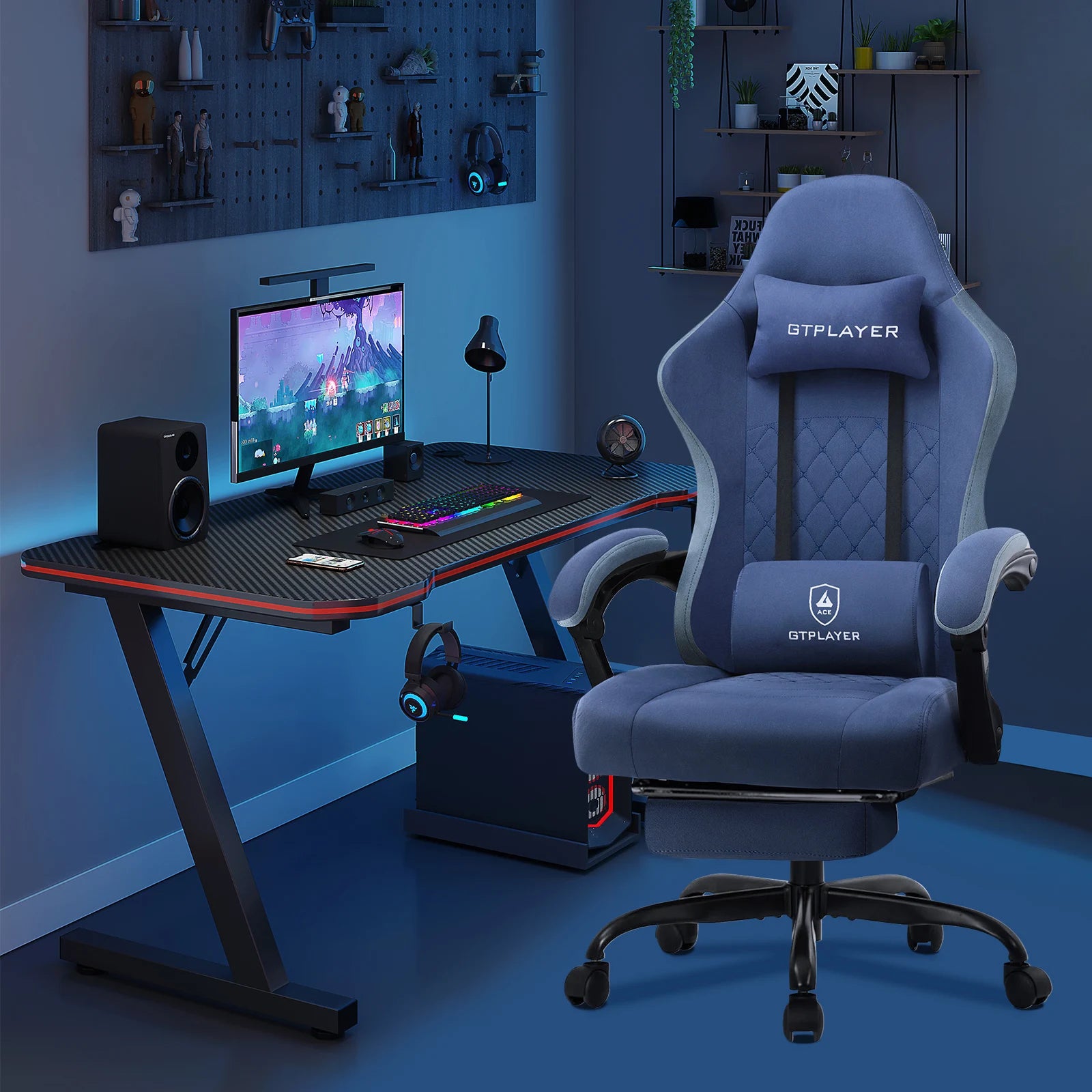 GTPLAYER-Silla de juegos de tela con reposapiés, silla de escritorio de computadora con cojín de resorte de bolsillo, silla ergonómica de oficina en casa