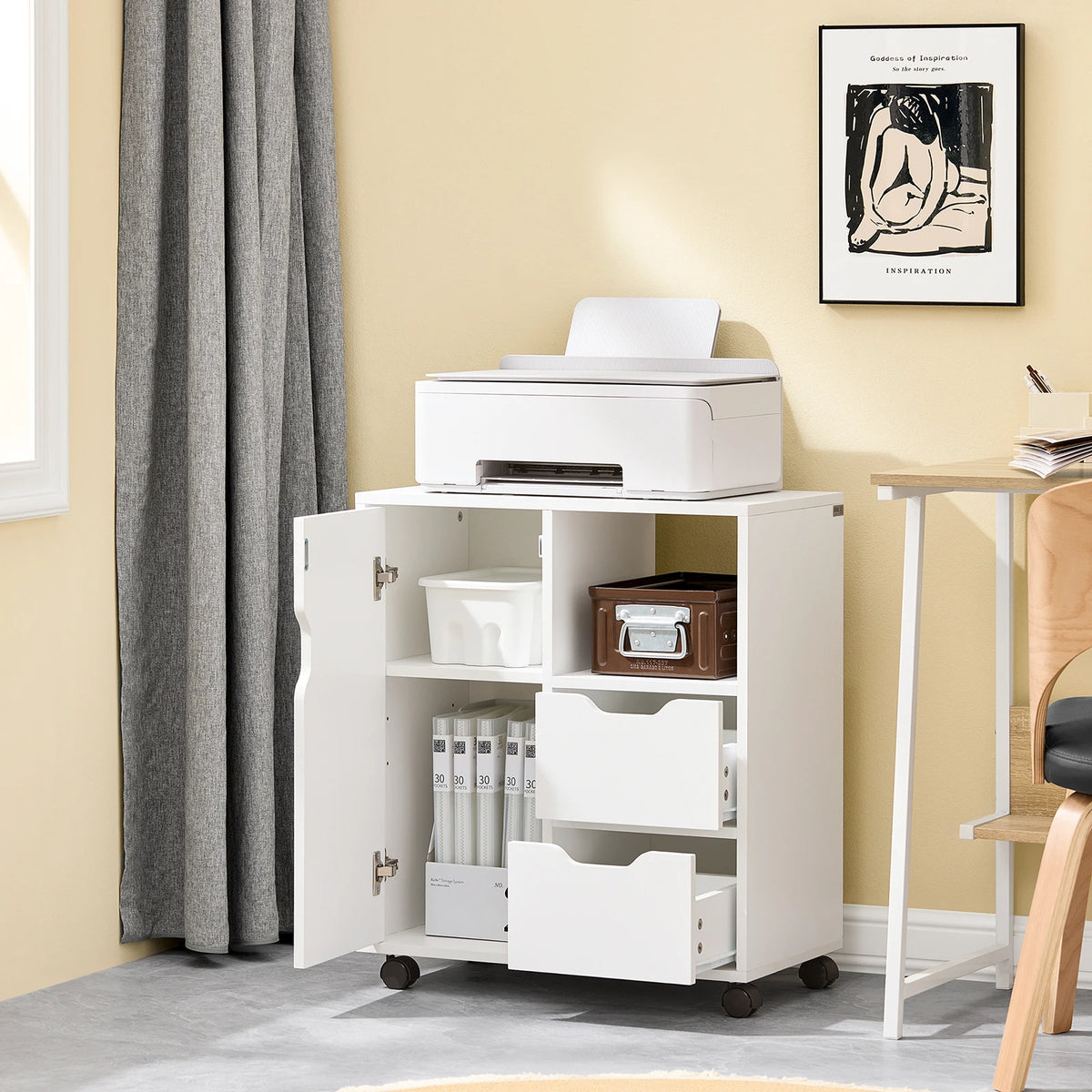 SoBuy FBT105-W mesa impresora con 2 cajones y 1 puerta archivos armario rollo contenedor carrito de oficina carrito lateral contenedor de oficina Blanco