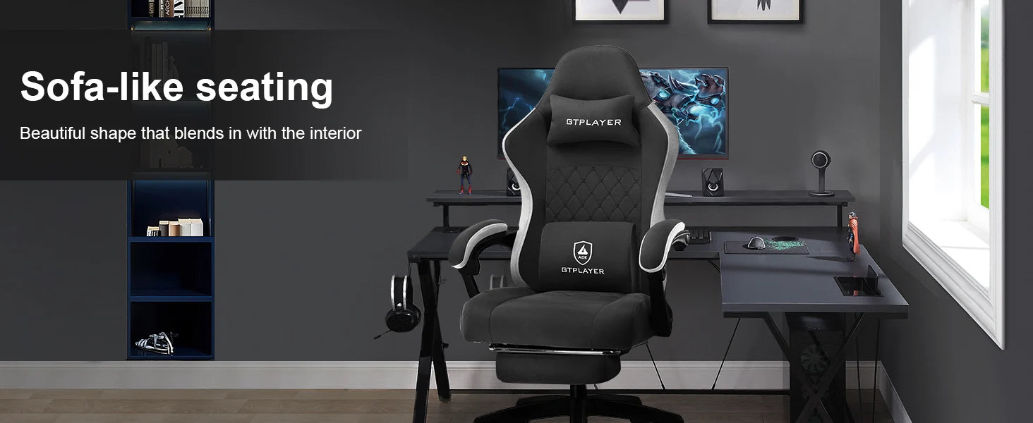 GTPLAYER-Silla de juegos de tela con reposapiés, silla de escritorio de computadora con cojín de resorte de bolsillo, silla ergonómica de oficina en casa