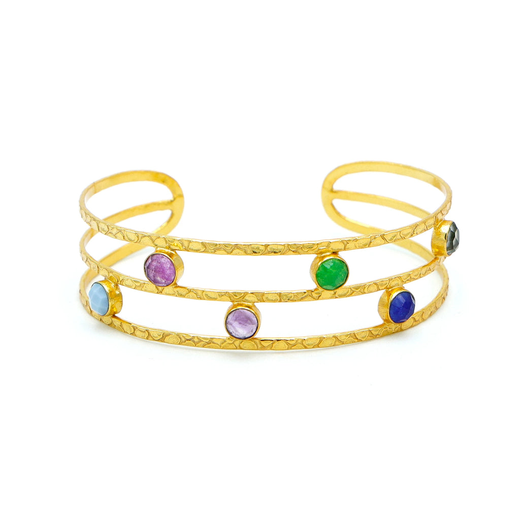 Multicolor Jade 18K Gold Plated Adjustable Cuff Bracelet | Handmade Brass Jewelry Women | Wedding Statement