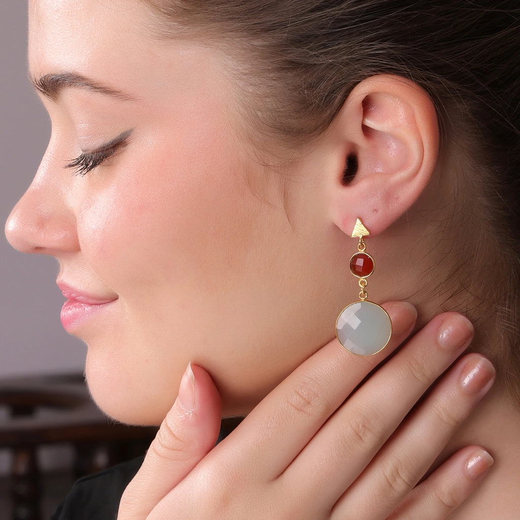 Handcrafted 18K Gold Plated Brass Carnelian Blue Chalcedony Drop Earrings | Trendy Women's Wedding Jewelry | DUA Brand Jaipur