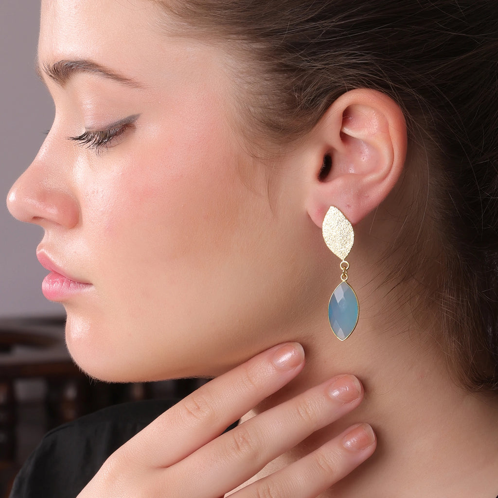 Blue Chalcedony Marquise Drop Earrings — 18K Gold Plated Handmade Brass Women's Jewelry by DUA
