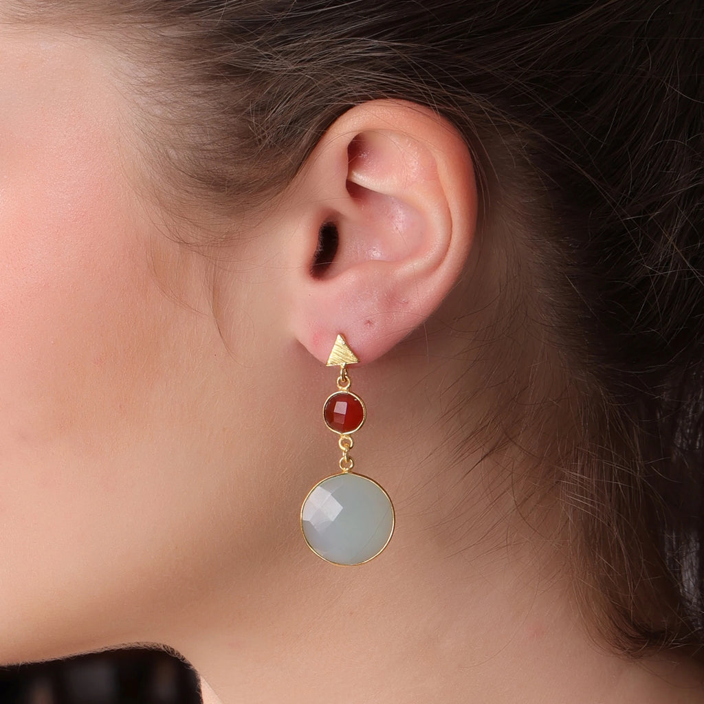 Handcrafted 18K Gold Plated Brass Carnelian Blue Chalcedony Drop Earrings | Trendy Women's Wedding Jewelry | DUA Brand Jaipur