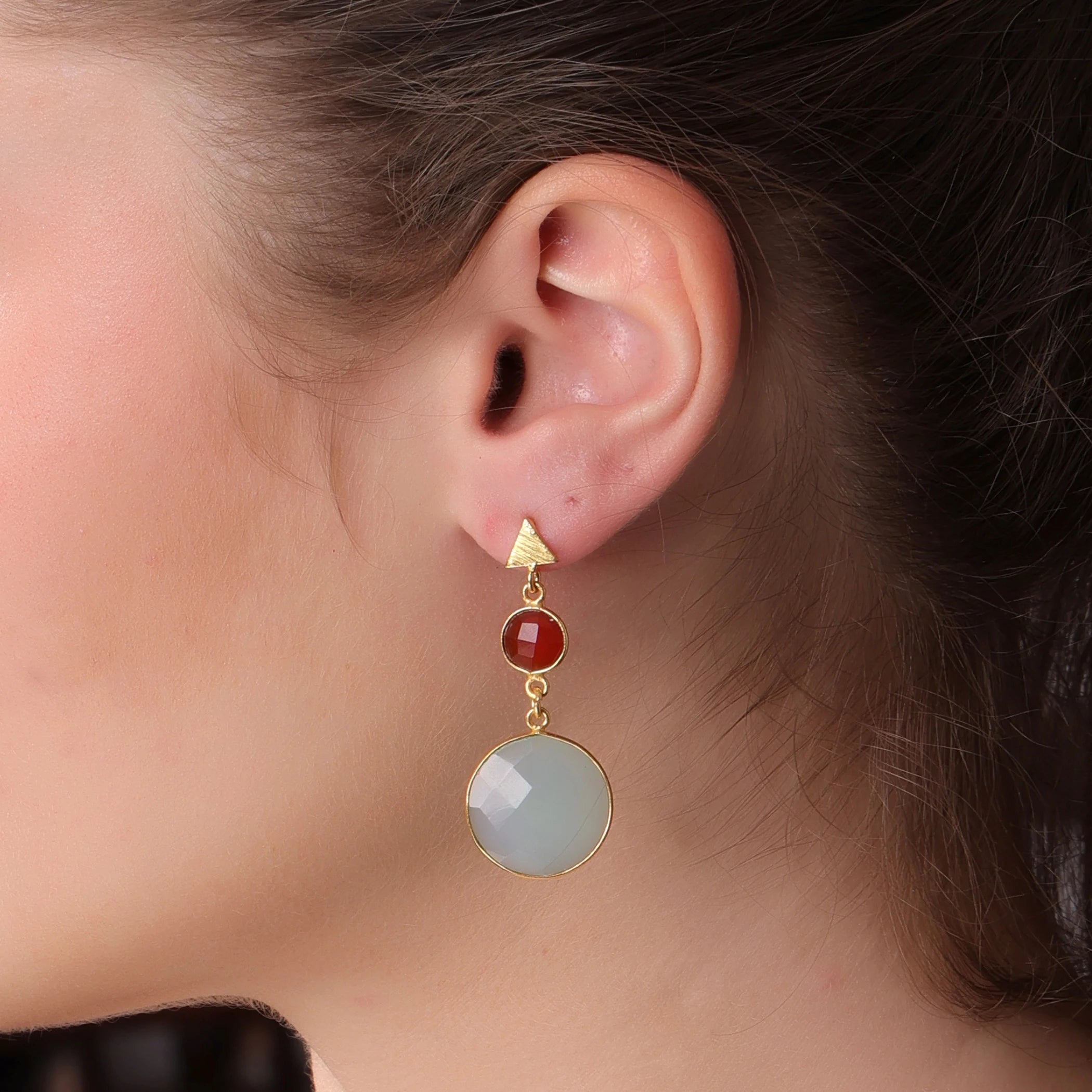 Handcrafted 18K Gold Plated Brass Carnelian Blue Chalcedony Drop Earrings | Trendy Women's Wedding Jewelry | DUA Brand Jaipur