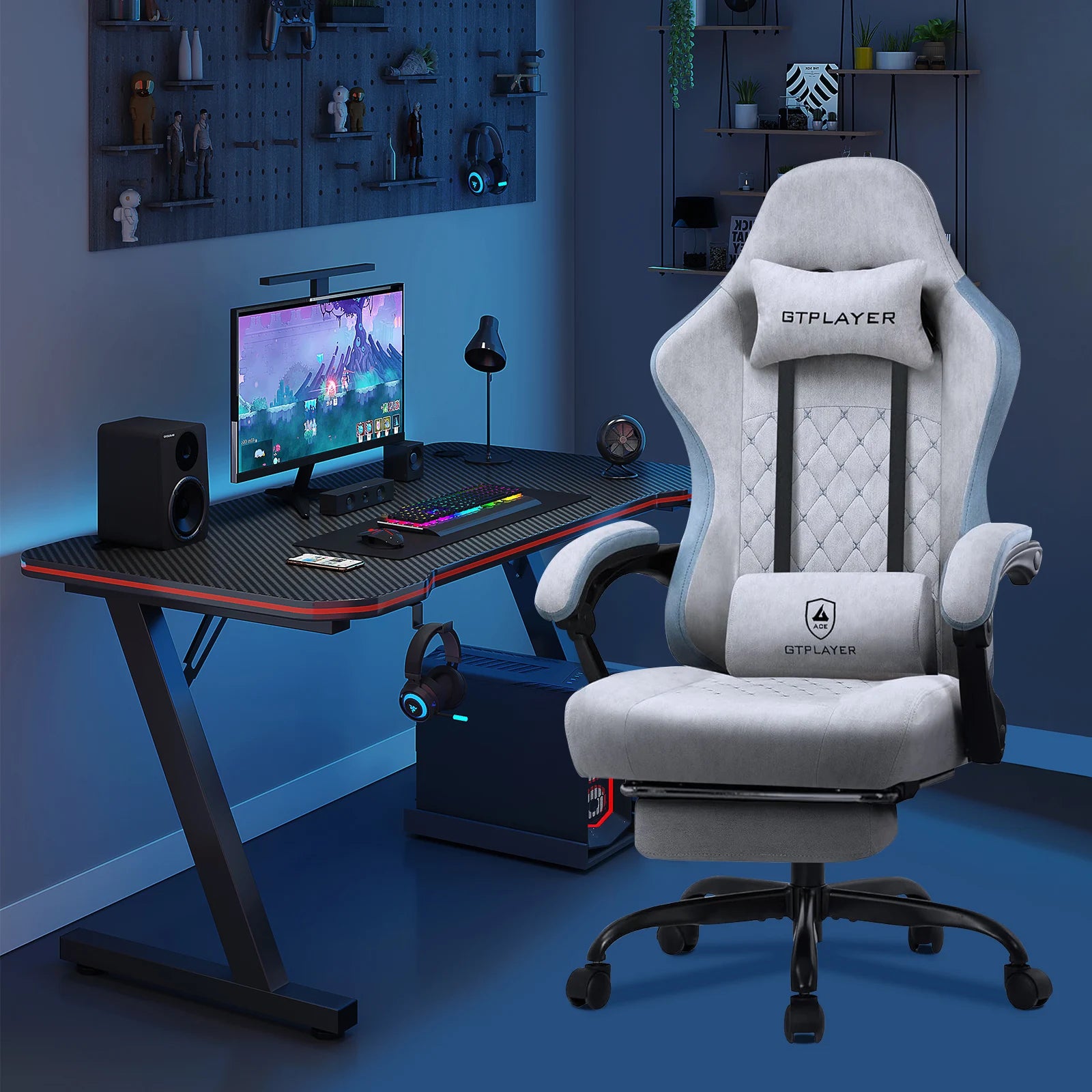 GTPLAYER-Silla de juegos de tela con reposapiés, silla de escritorio de computadora con cojín de resorte de bolsillo, silla ergonómica de oficina en casa