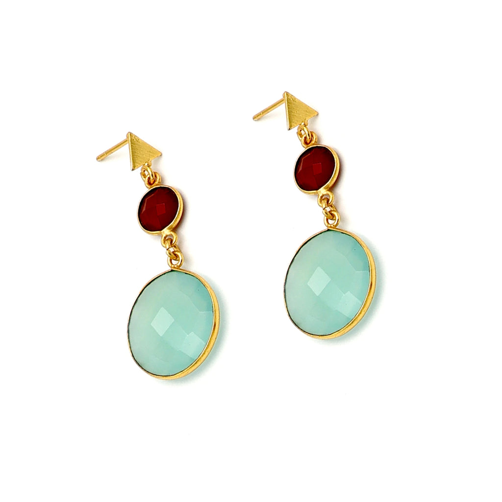 Handcrafted 18K Gold Plated Brass Carnelian Blue Chalcedony Drop Earrings | Trendy Women's Wedding Jewelry | DUA Brand Jaipur
