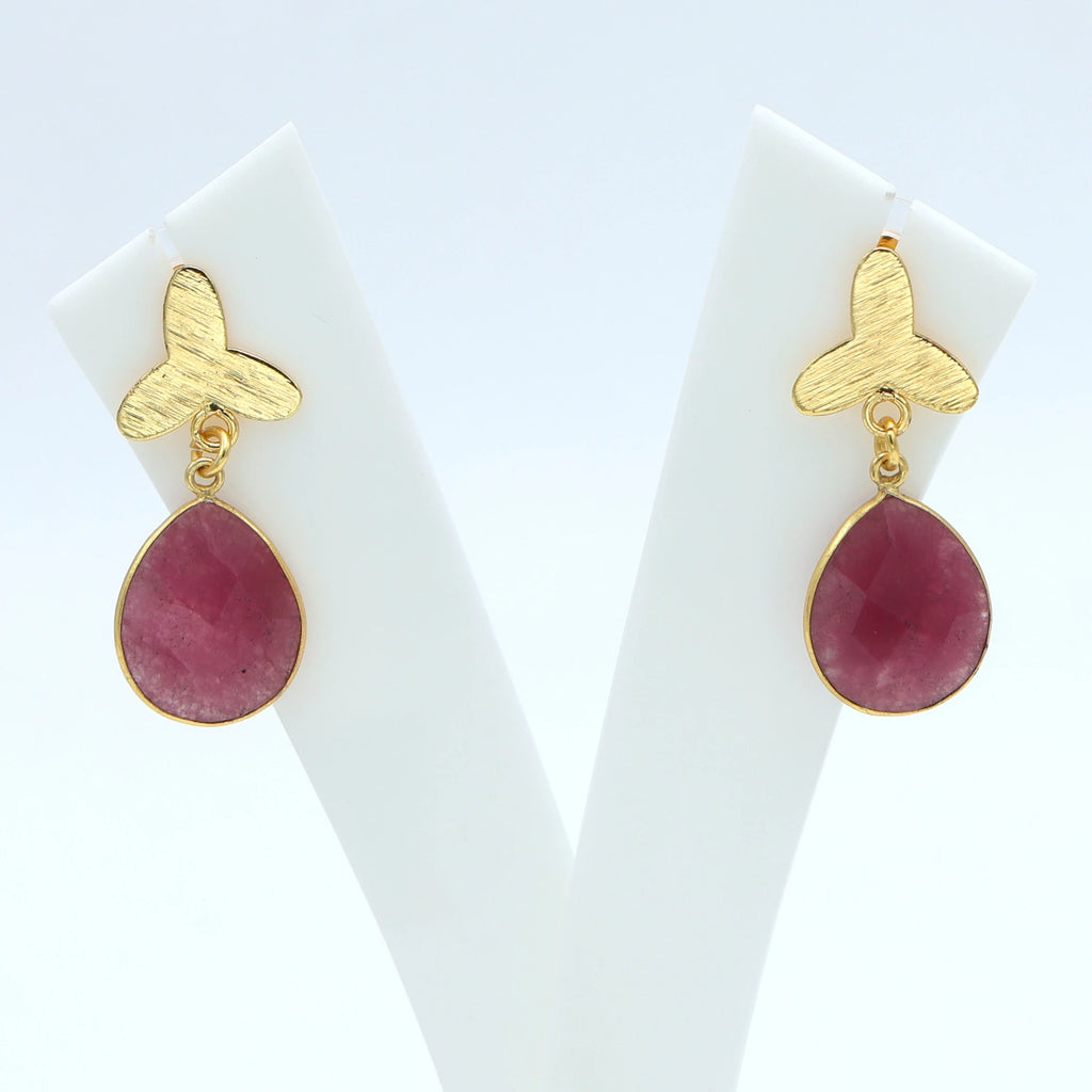 Handmade Dua Pink Jade Flower Pear Drop Earrings 18K Gold Plated Brass Trendy Elegant Natural Gemstone Women's Wedding Jewelry