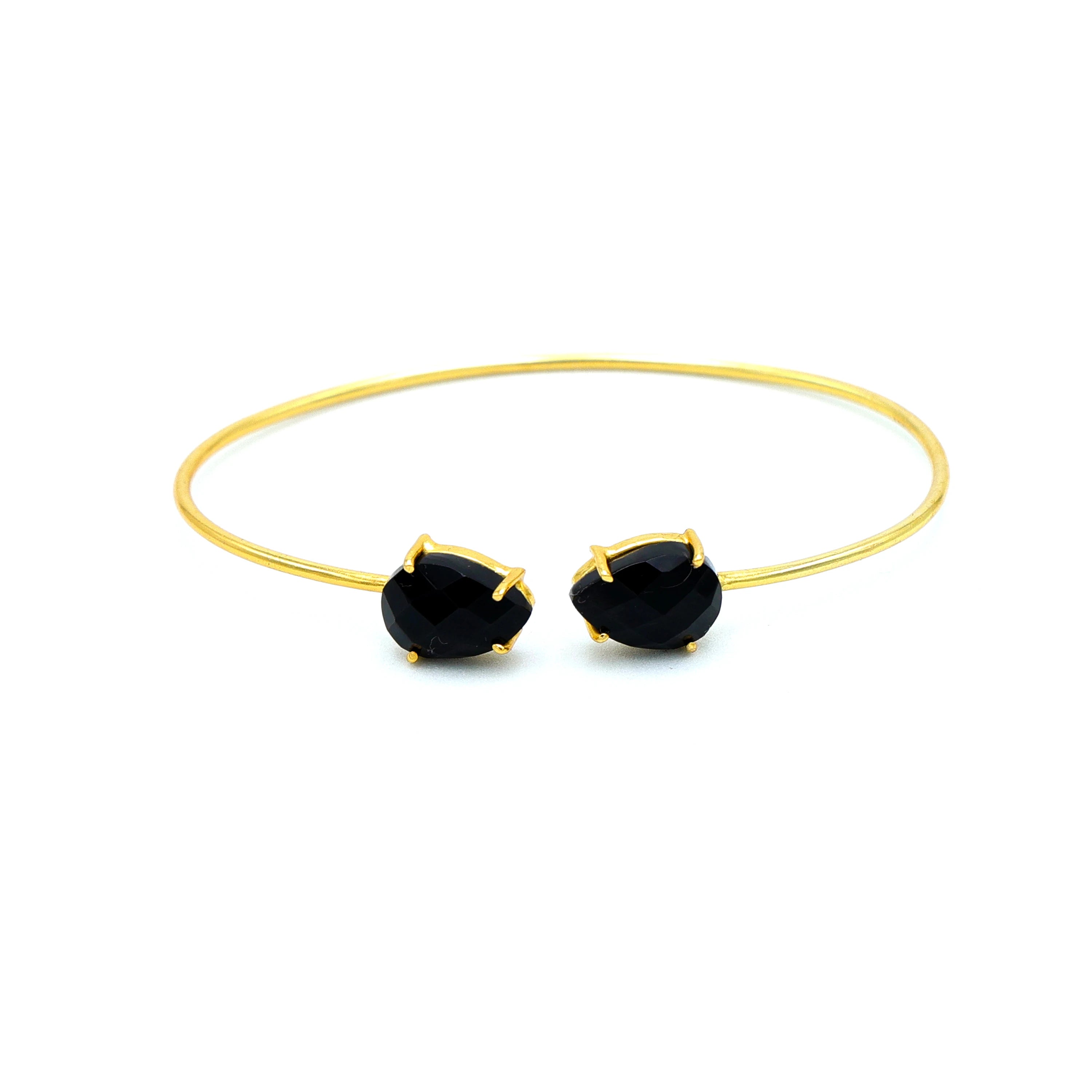 DUA 18K Gold Plated Brass Cuff Bracelet — Black Onyx Pear Gemstone Bangle for Women