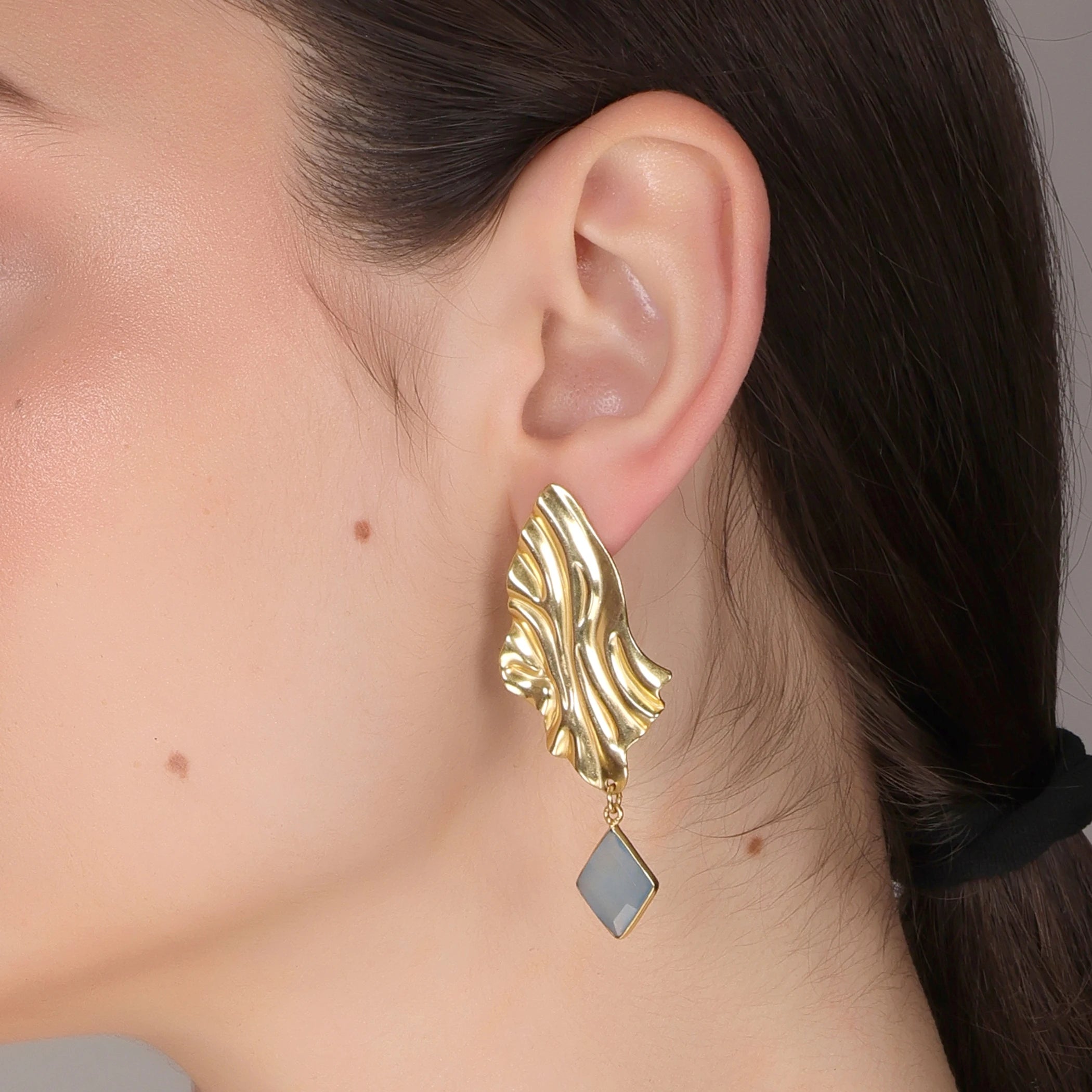 DUA Handmade Blue Chalcedony Diamond Drop Earrings | 18K Gold Plated Brass Women's Jewelry | Trendy Wedding