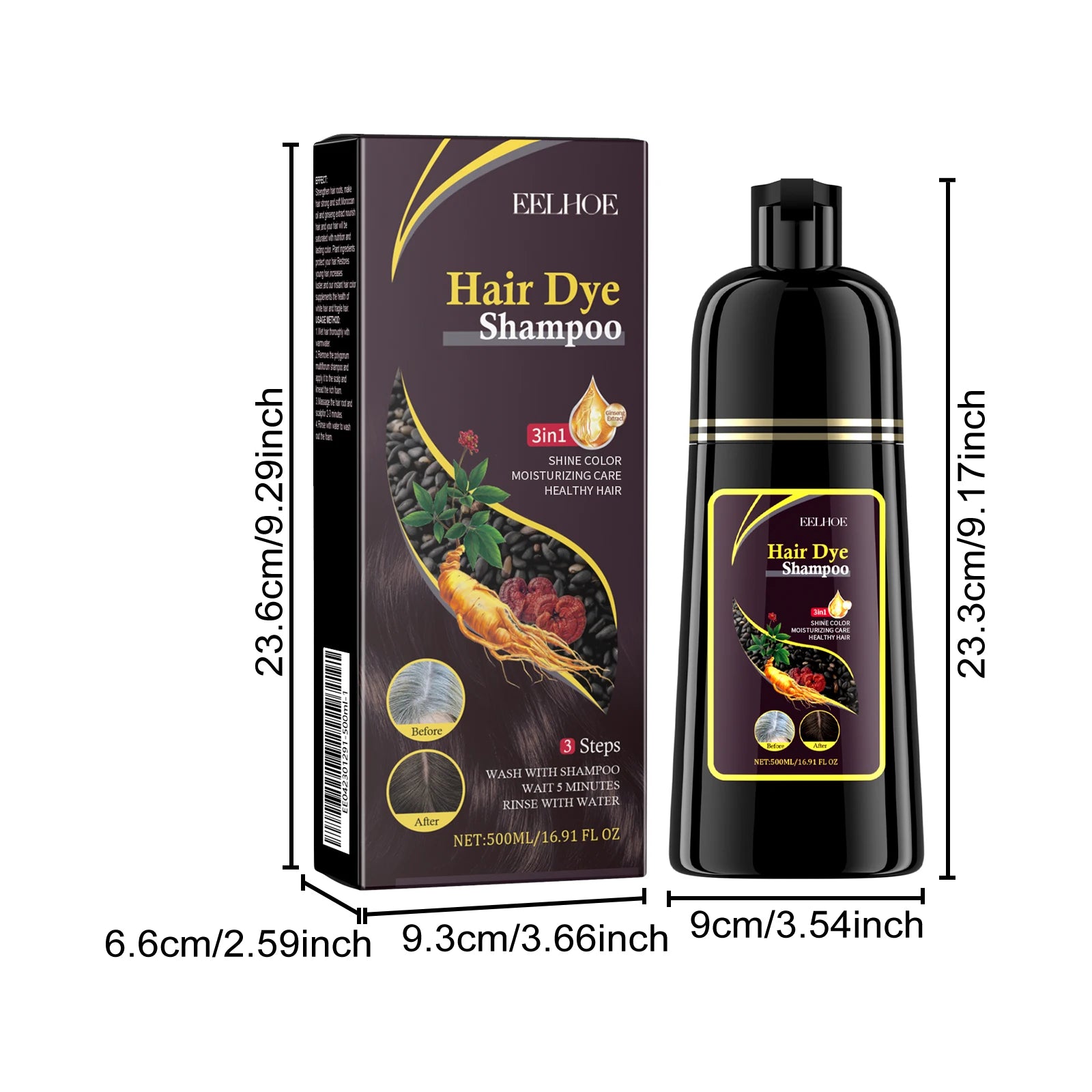 Champú para el cabello negro Eelhoe de 500ml, reparación de cabello seco y dañado, limpieza, nutre Polygonum Multiflorum Thunb, tinte para el cabello rápido a base de hierbas naturales