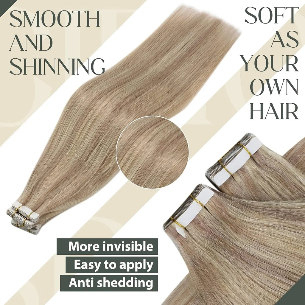 Extensiones de cabello con cinta Invisible, extensiones de cabello Remy Real para mujeres, postizos rectos de color rubio ceniza mezclado rubio platino