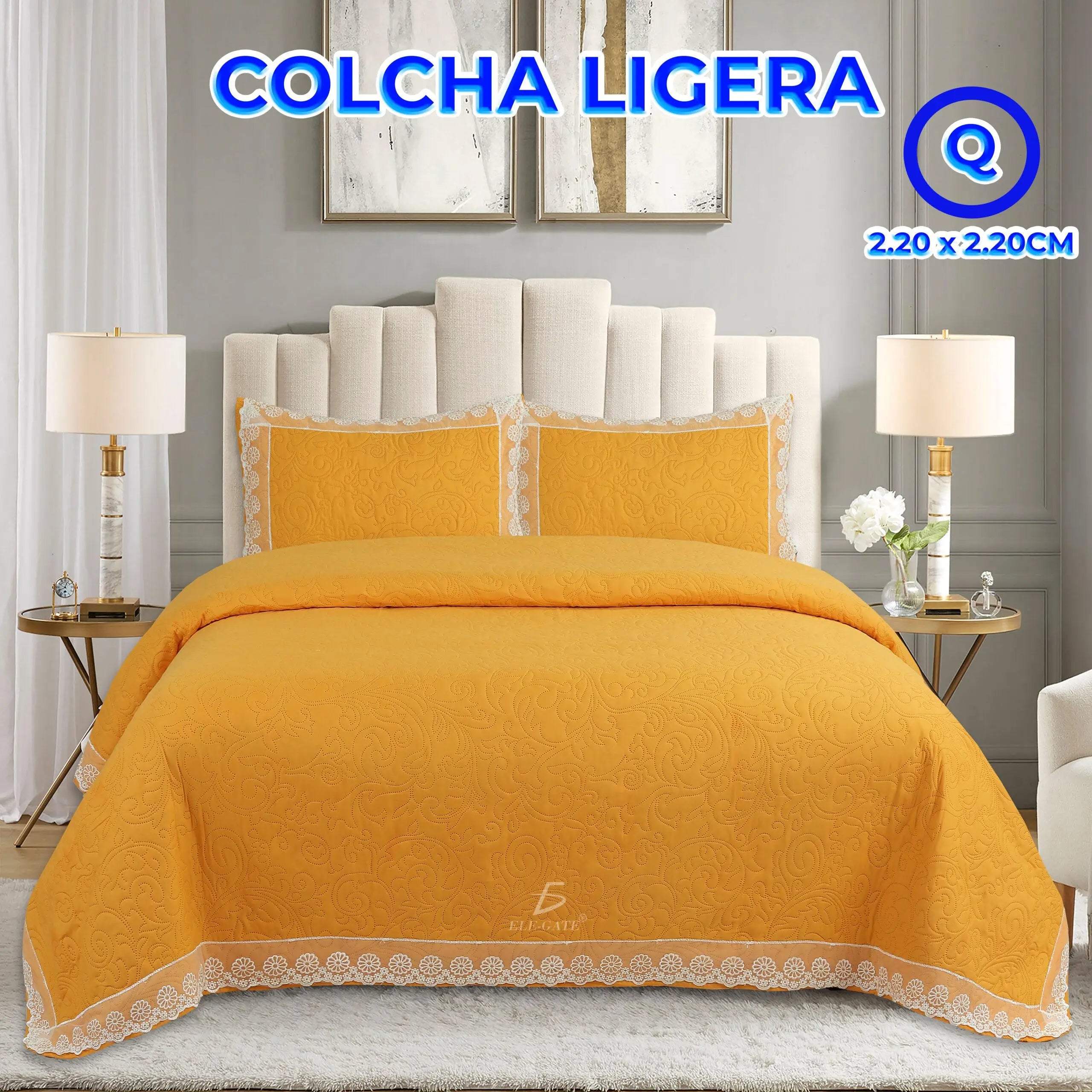 3-Piece Bedspread and Pillowcase Set with Discreet Ruffle Design: Elegance and Comfort - 260*220, Gold