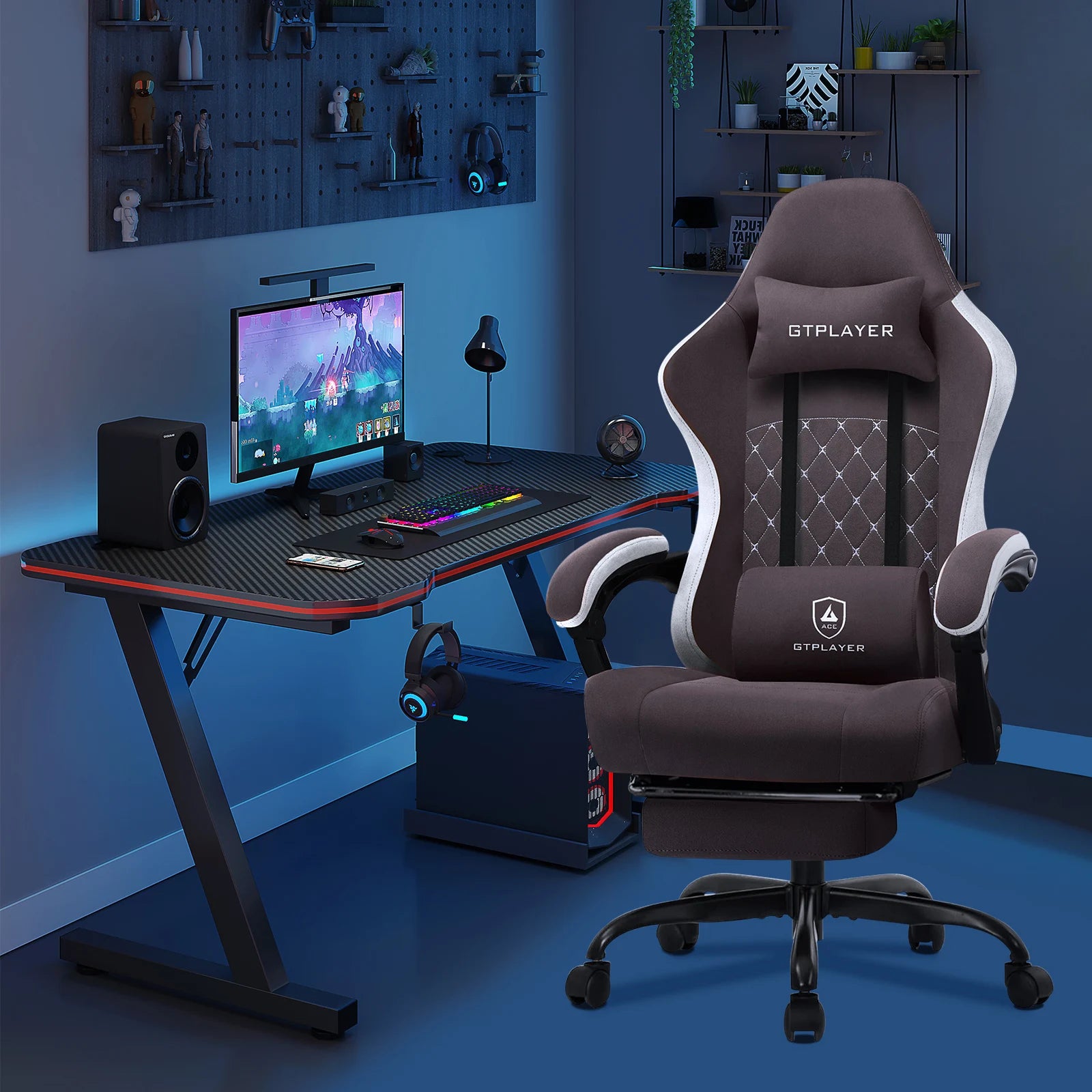 GTPLAYER-Silla de juegos de tela con reposapiés, silla de escritorio de computadora con cojín de resorte de bolsillo, silla ergonómica de oficina en casa