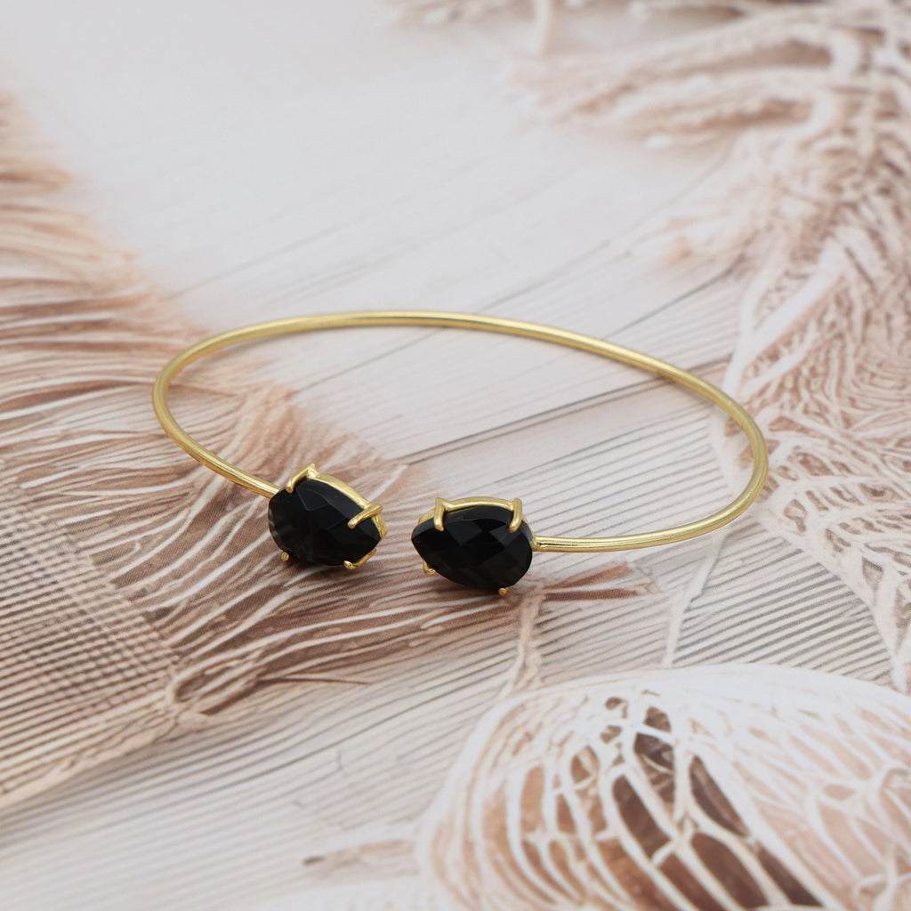 DUA 18K Gold Plated Brass Cuff Bracelet — Black Onyx Pear Gemstone Bangle for Women